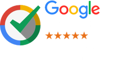 A google logo with a check mark in a circle and four stars.
