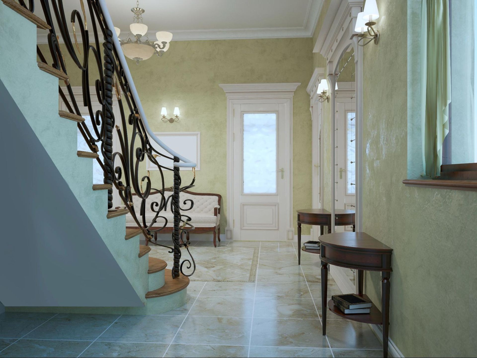 A hallway with stairs leading up to the second floor