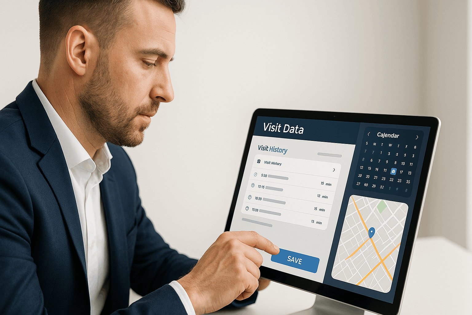 Agente inmobiliario registrando visitas en tablet con interfaz Pisoguapo
