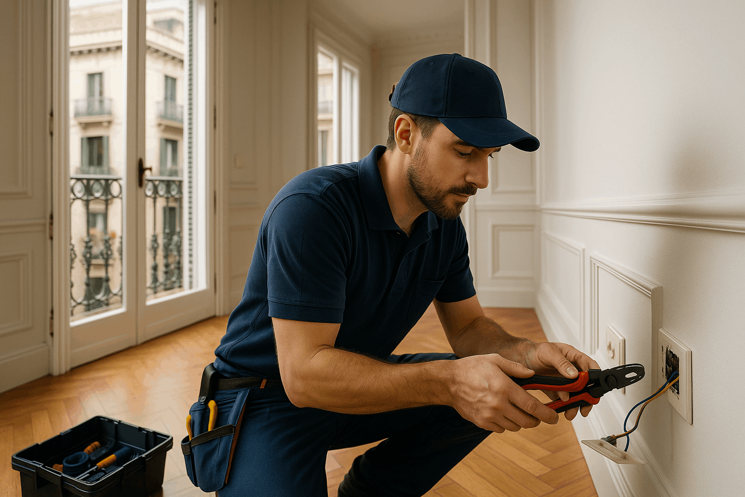 Electricista instalando cableado seguro en piso reformado en Barcelona