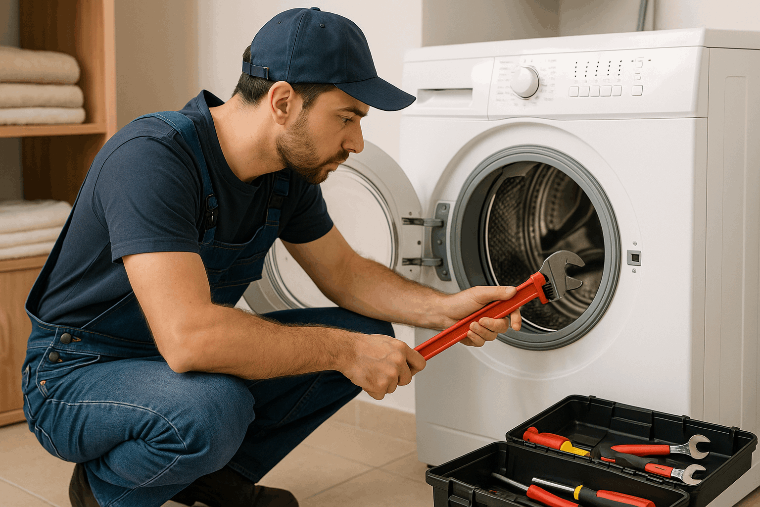 Foto de un fontanero arreglando una lavadora