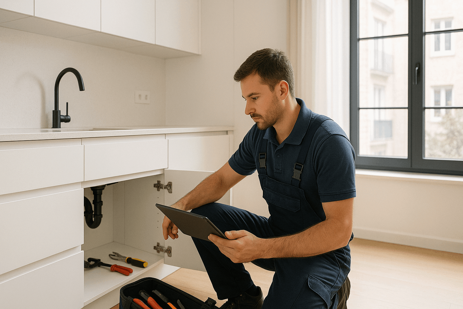 Fontanero trabajando en un piso en Barcelona con herramientas modernas