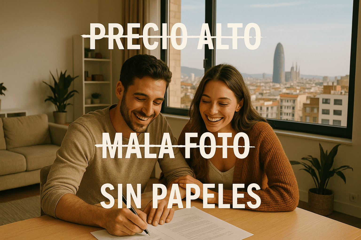 Pareja preocupada revisando papeles al intentar vender su piso en Barcelona