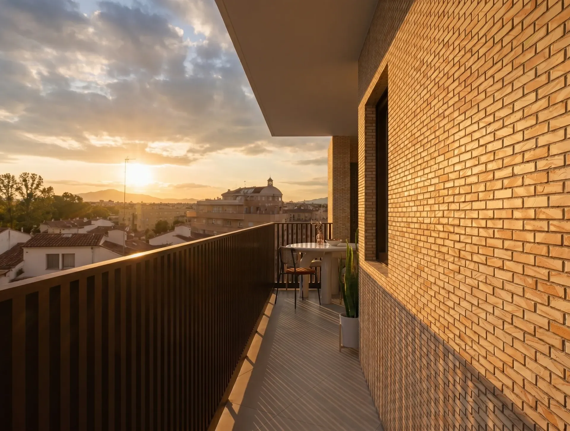 Render inmobiliario de balcón alargado con vistas urbanas al atardecer