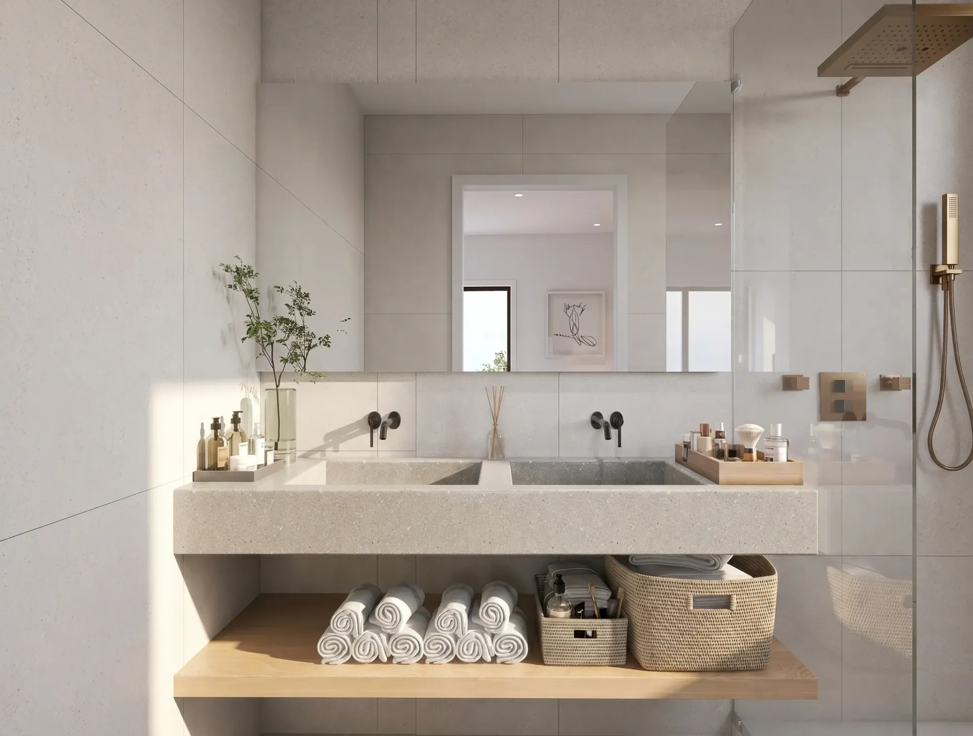 Render inmobiliario de baño doble con lavabo de piedra, espejo amplio y ducha de cristal