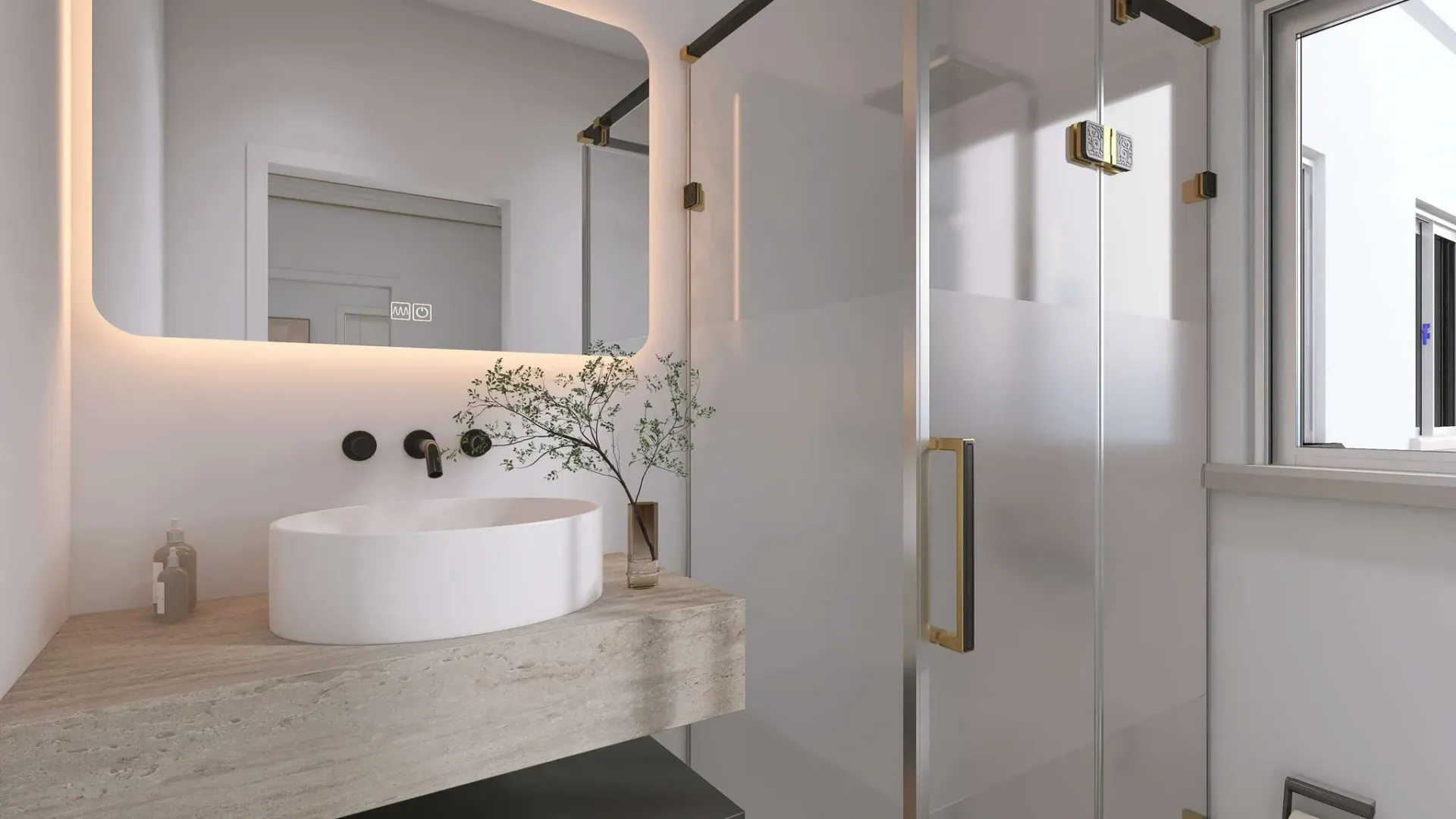 Render inmobiliario de baño moderno con lavabo sobre encimera y ducha de cristal