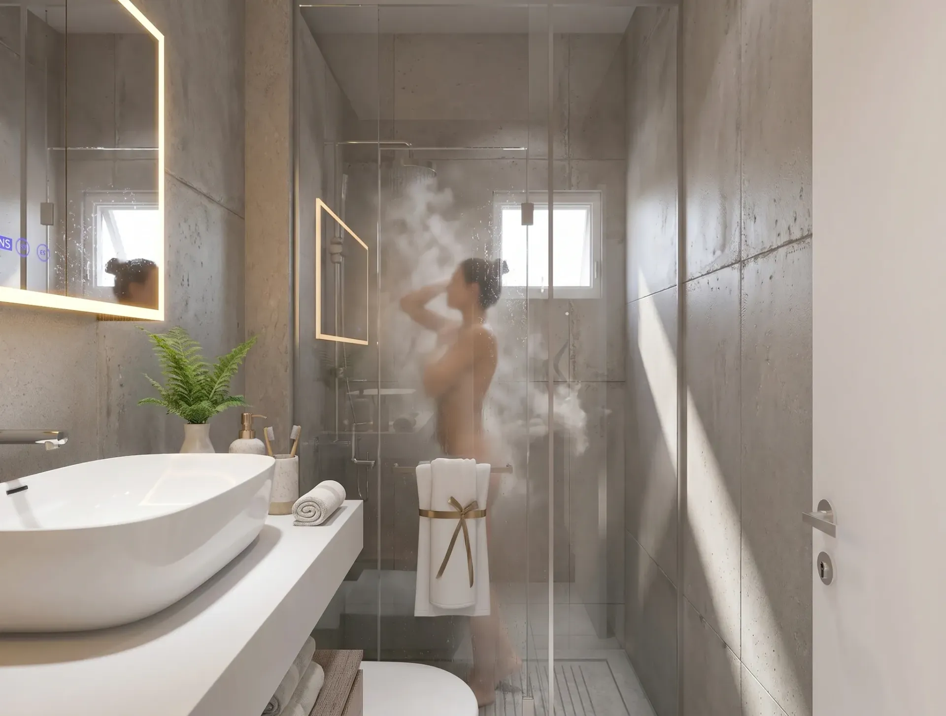Render inmobiliario de baño moderno con ducha de cristal, lavabo blanco y acabado gris