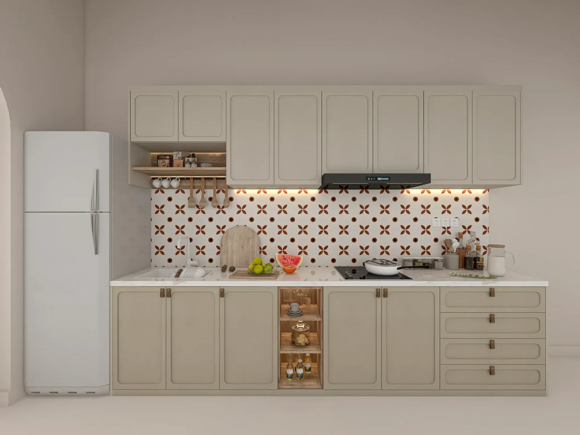 Render inmobiliario de cocina beige con azulejo decorativo, encimera blanca y muebles clásicos