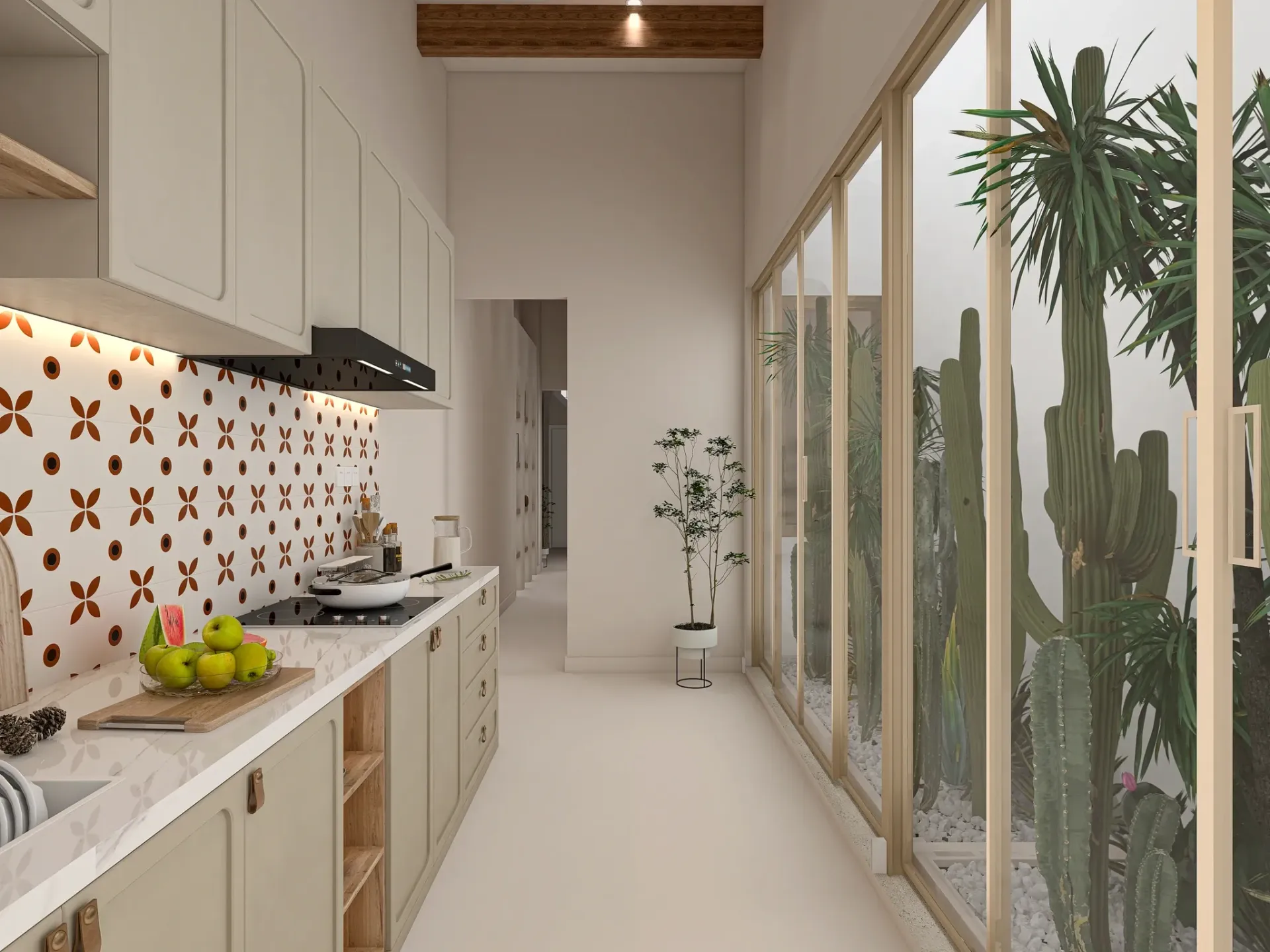Render inmobiliario de cocina lineal con patio interior acristalado y vegetación