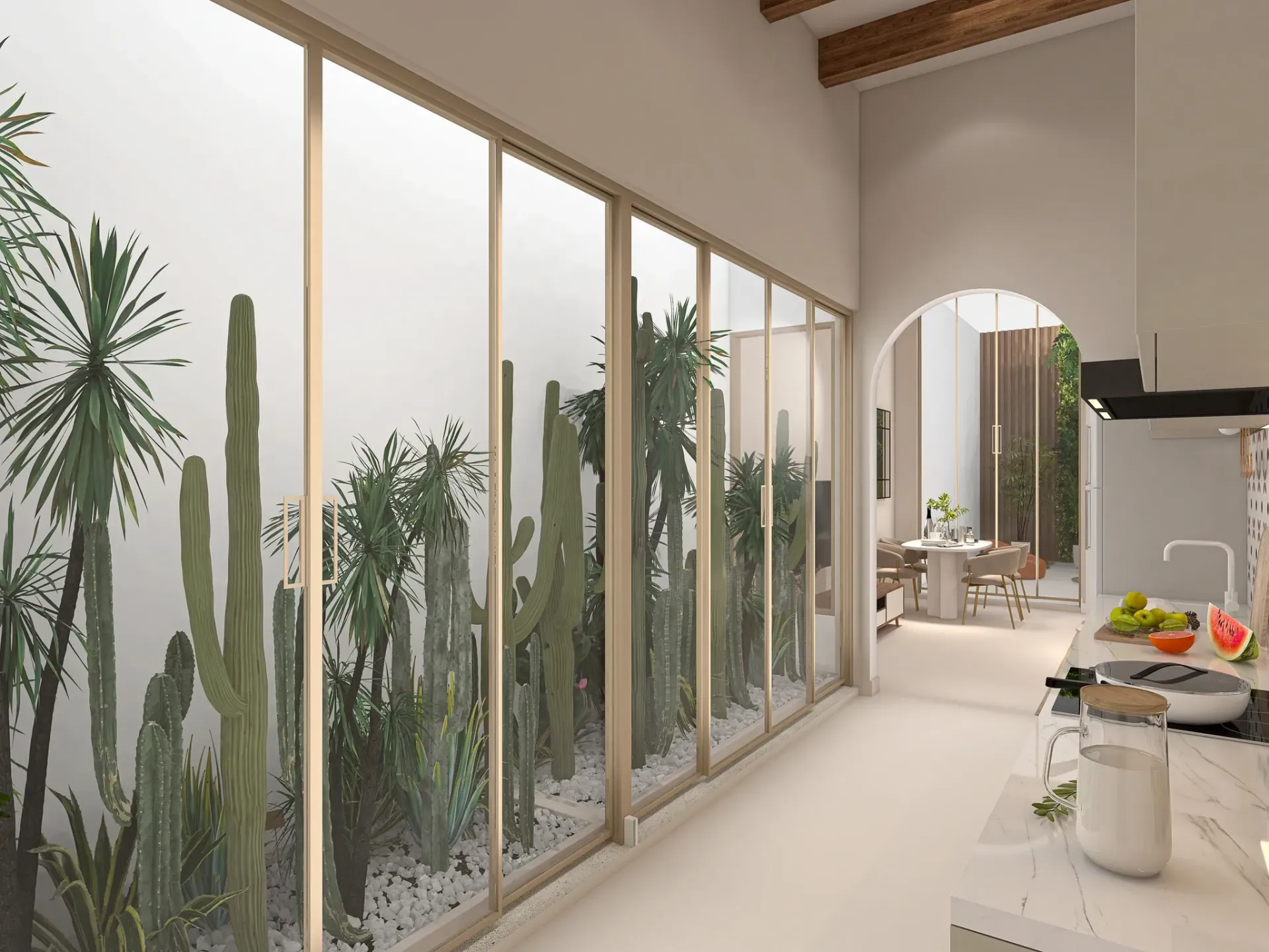 Render inmobiliario de pasillo luminoso con patio interior ajardinado, cactus y cristaleras