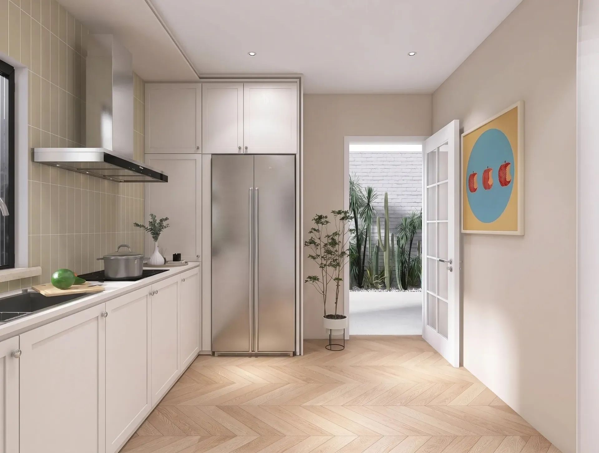 Render inmobiliario de cocina luminosa con frigorífico integrado, puerta acristalada y salida a patio