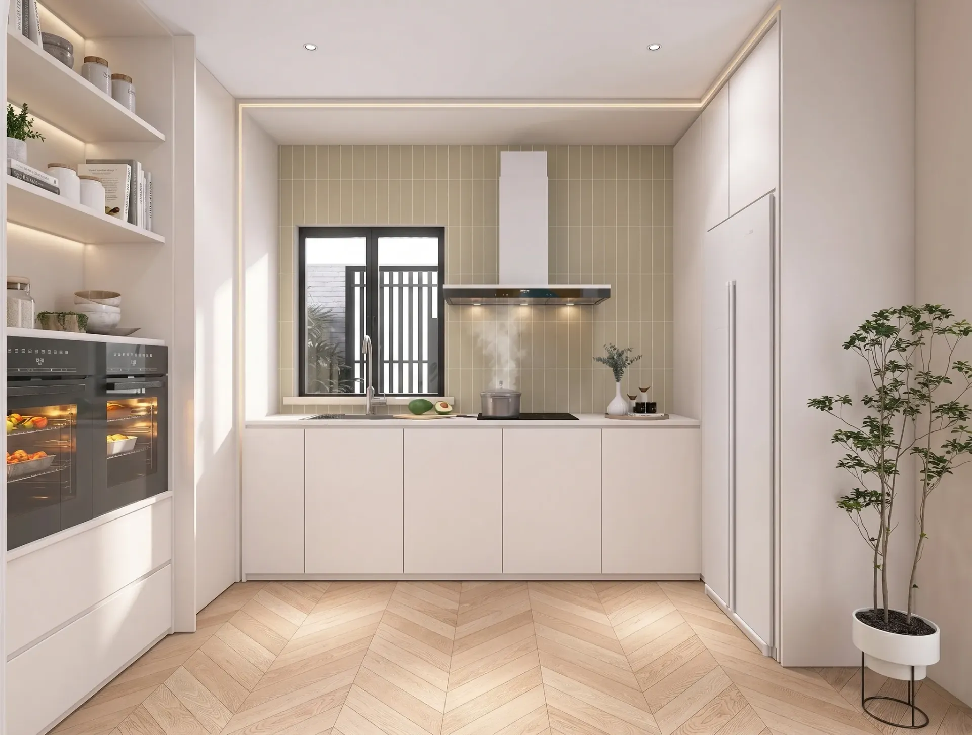 Render inmobiliario de cocina minimalista lineal con azulejo vertical, campana extractora y ventana