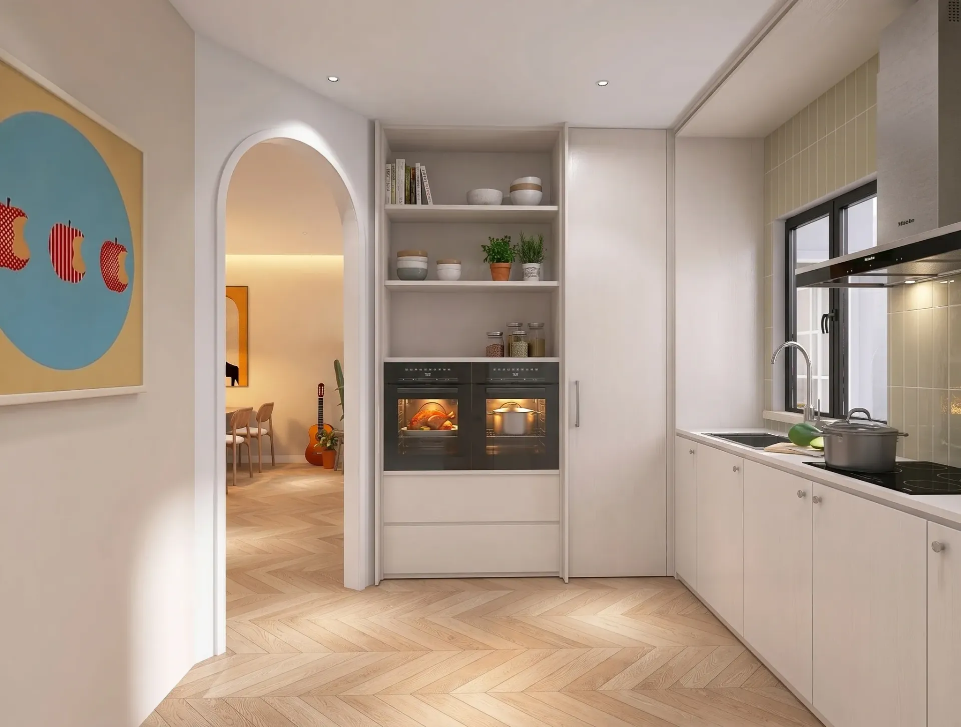 Render inmobiliario de cocina luminosa con arco interior, hornos integrados y suelo de madera