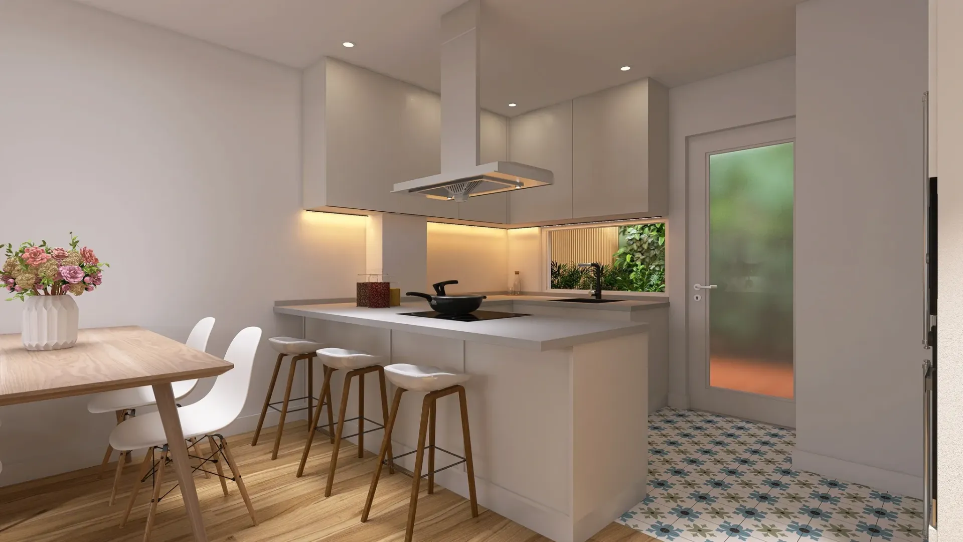 Render inmobiliario de cocina moderna con isla, barra y taburetes blancos