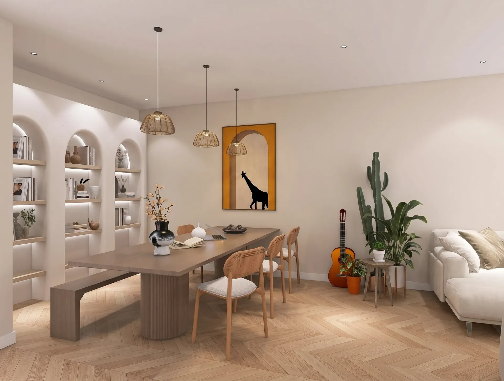 Render inmobiliario de comedor home office con mesa de madera, lámparas colgantes y plantas