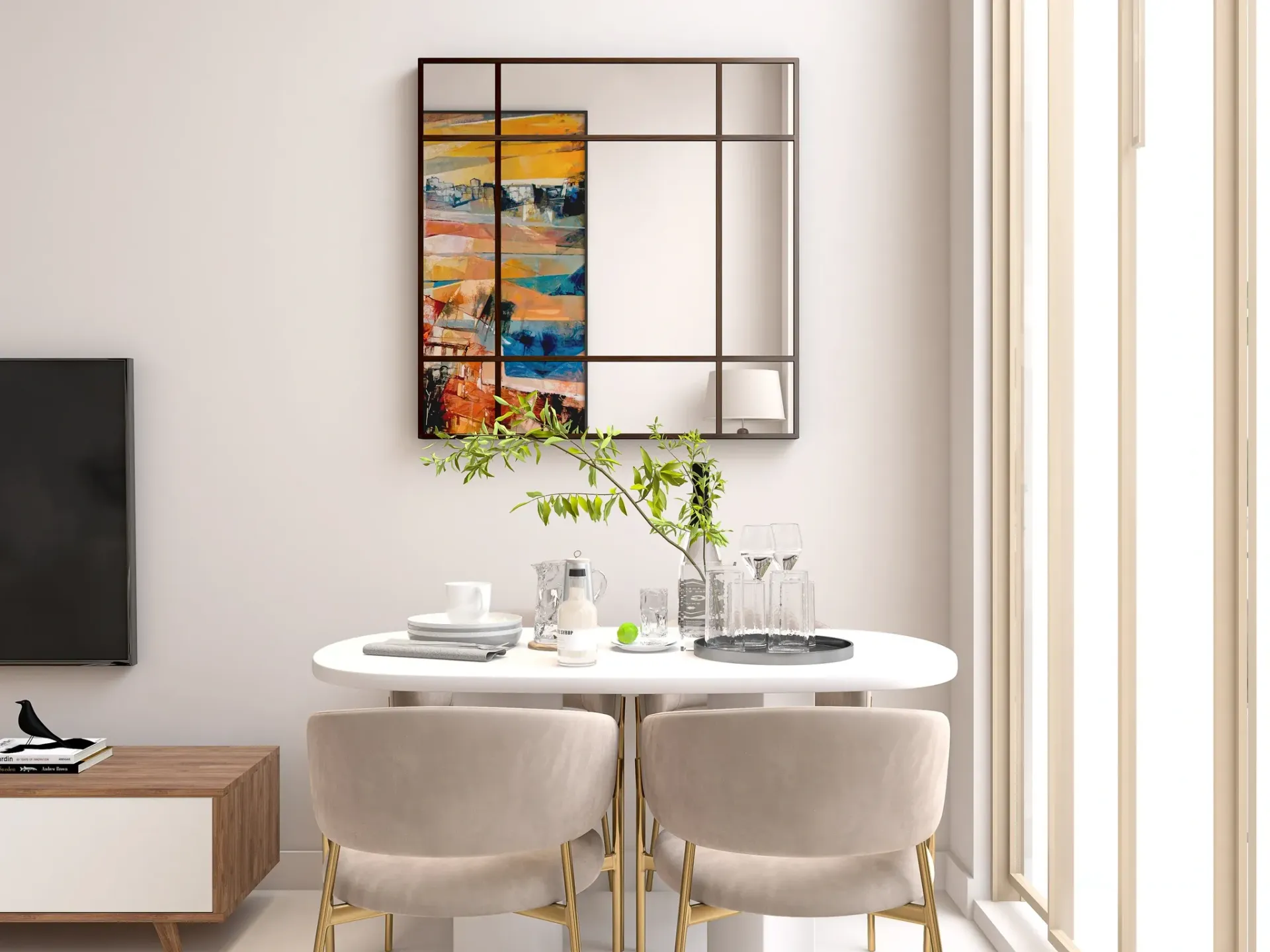 Render inmobiliario de comedor junto a ventanal con mesa redonda, espejo y cuadro abstracto