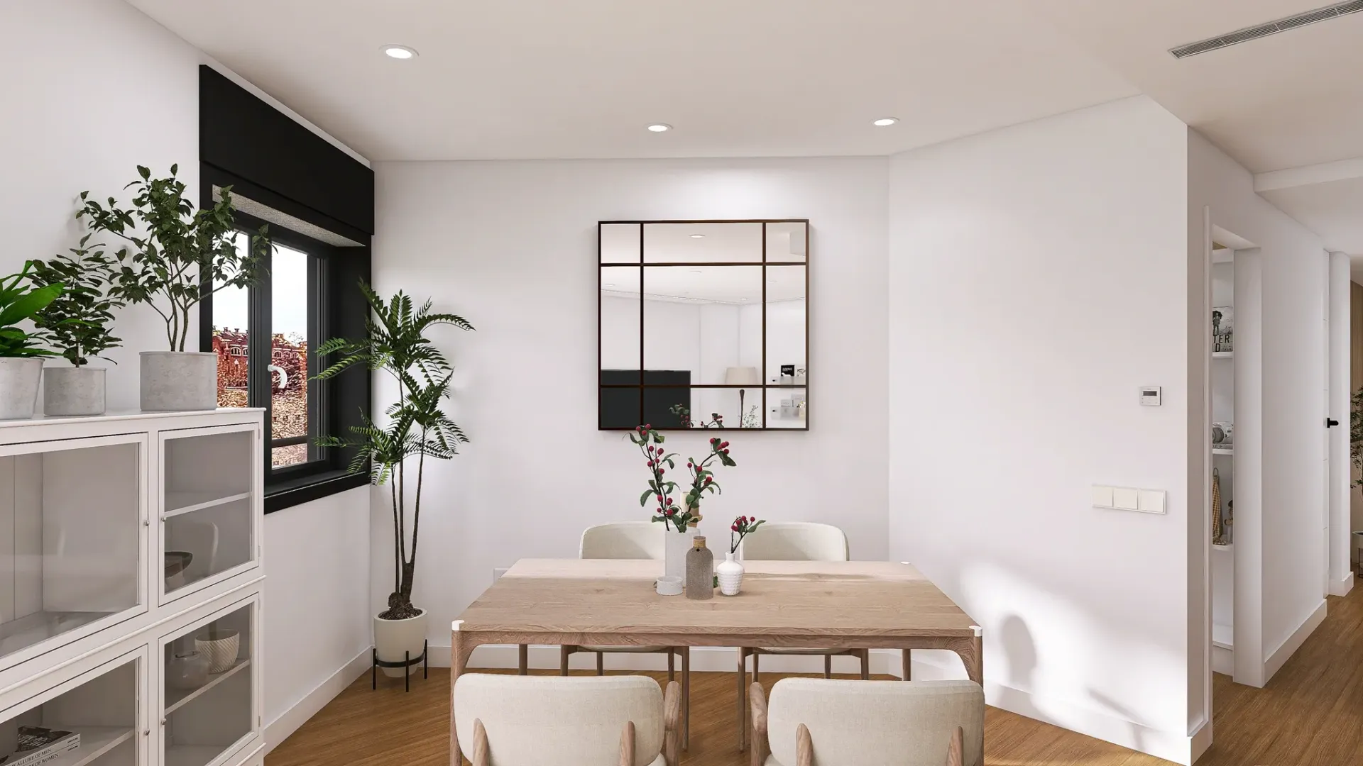 Render inmobiliario de salón comedor clásico con molduras, puertas acristaladas y lámpara circular
