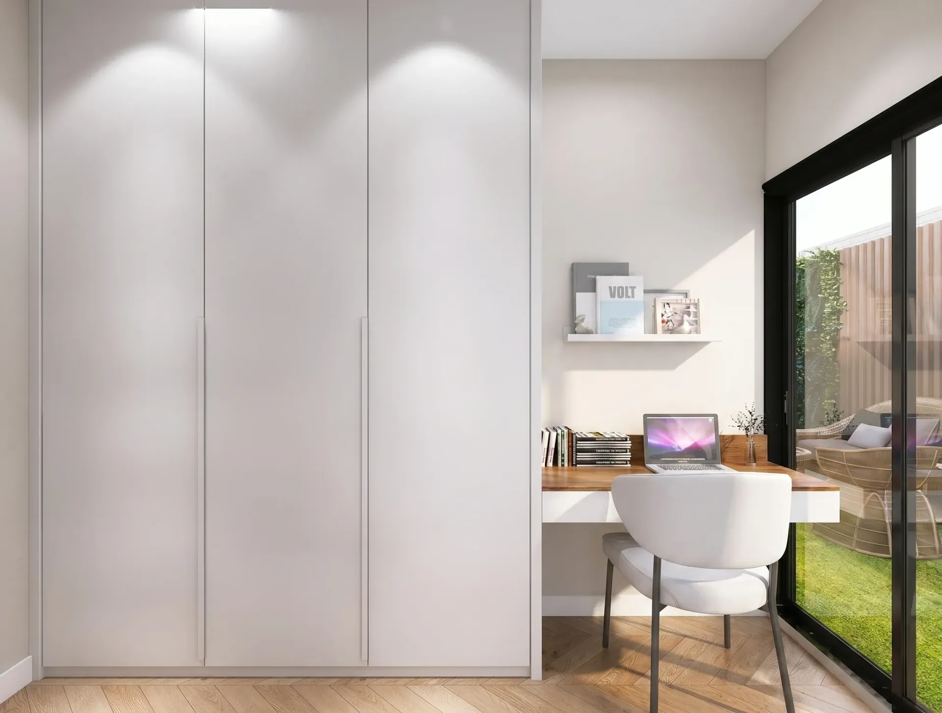 Render inmobiliario de dormitorio con armario empotrado, escritorio junto a ventana y zona de trabajo