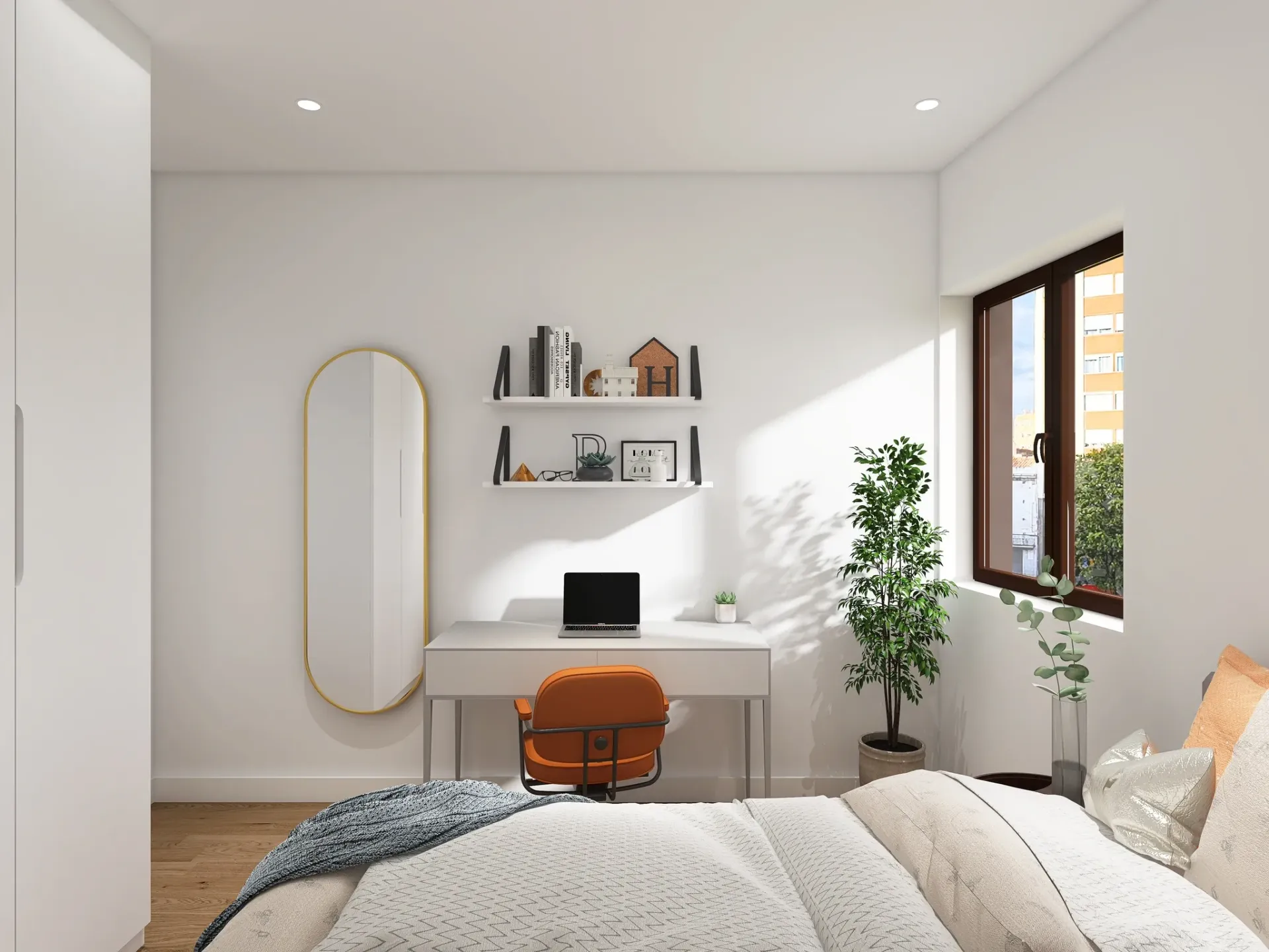Render inmobiliario de dormitorio con escritorio, silla naranja, espejo vertical y luz natural
