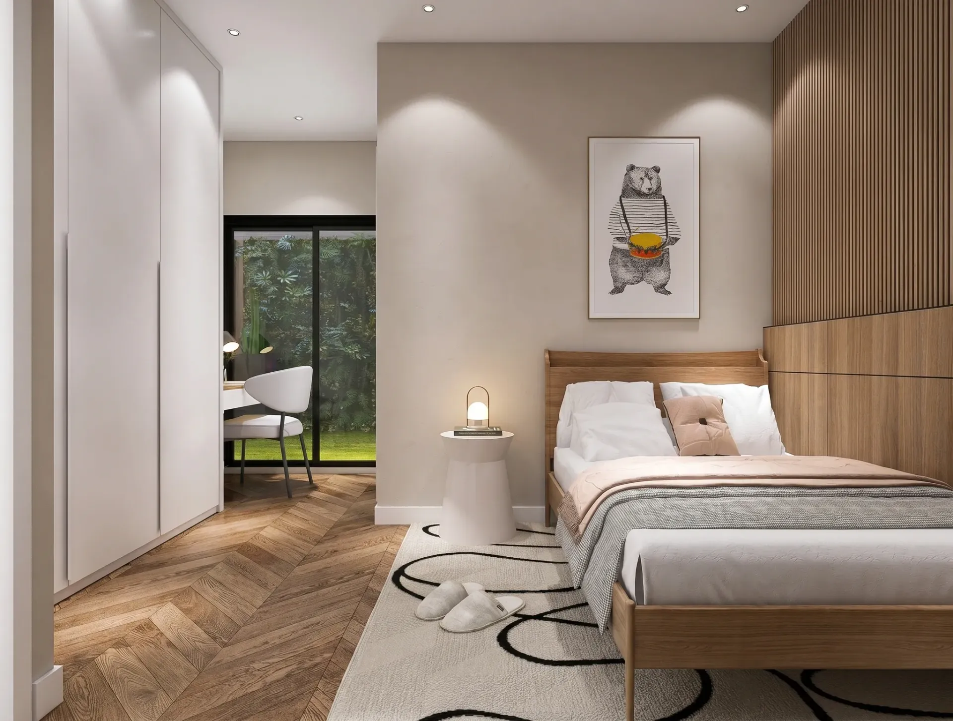 Render inmobiliario de dormitorio moderno con cama tapizada, jardín privado y pared de madera
