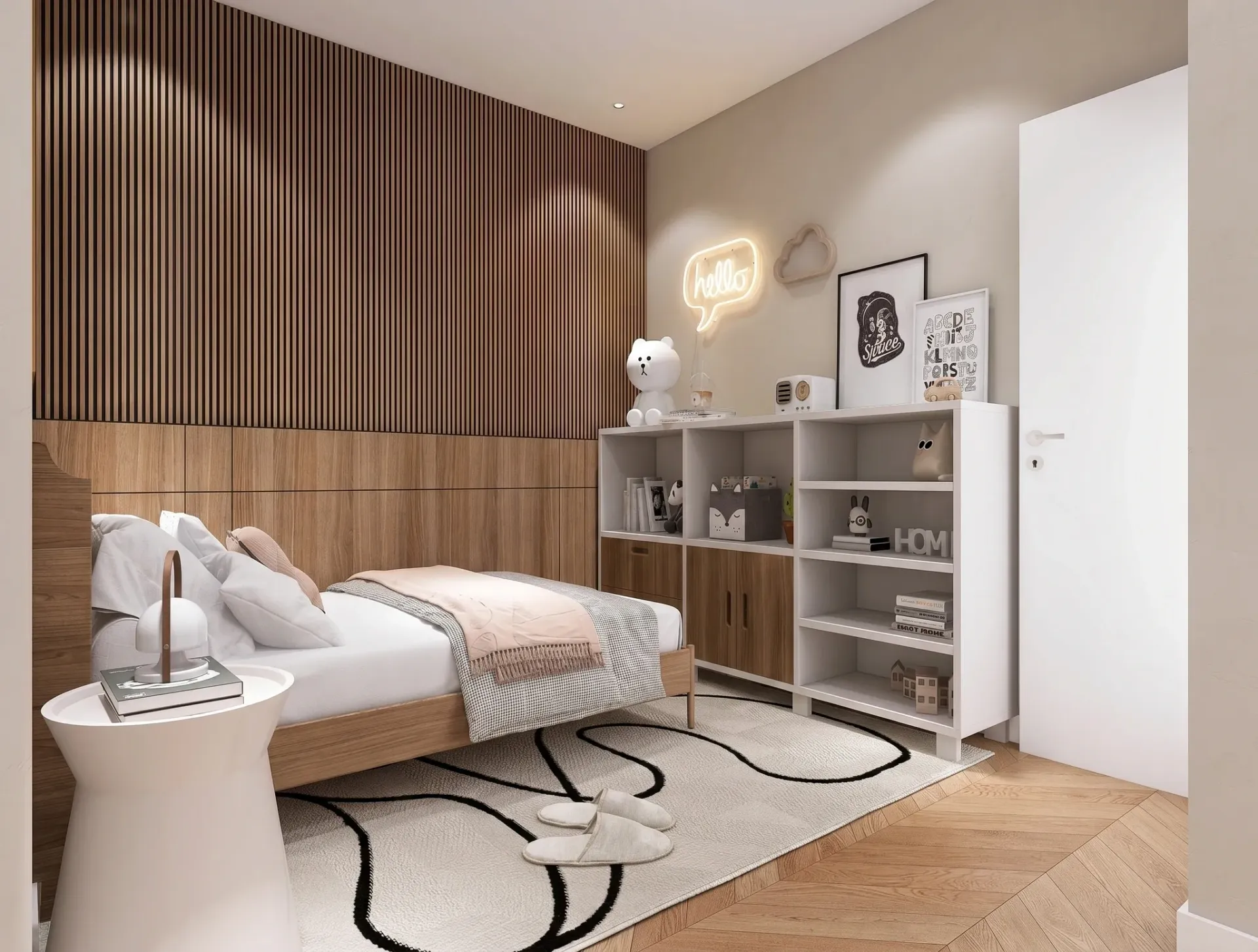 Render inmobiliario de dormitorio juvenil con escritorio, estantería abierta y pared de listones de madera
