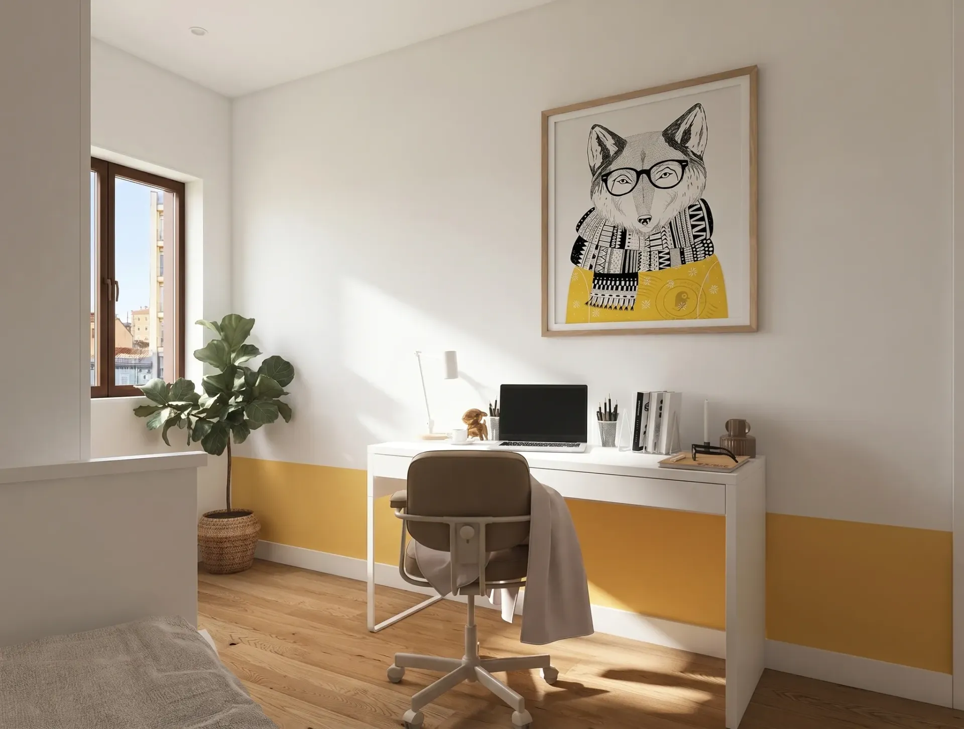 Render inmobiliario de despacho en dormitorio con escritorio blanco y cuadro decorativo de zorro