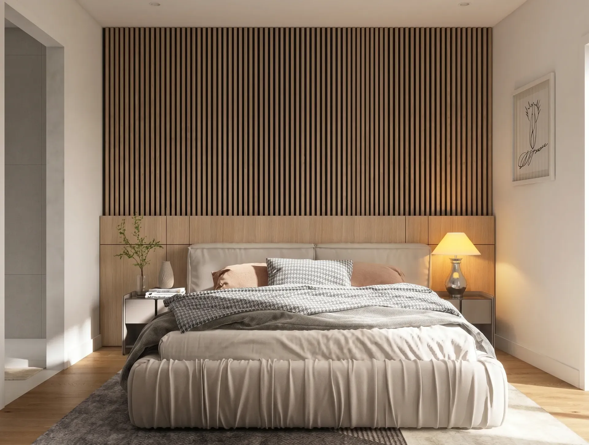 Render inmobiliario de dormitorio contemporáneo con pared de listones de madera y luz cálida