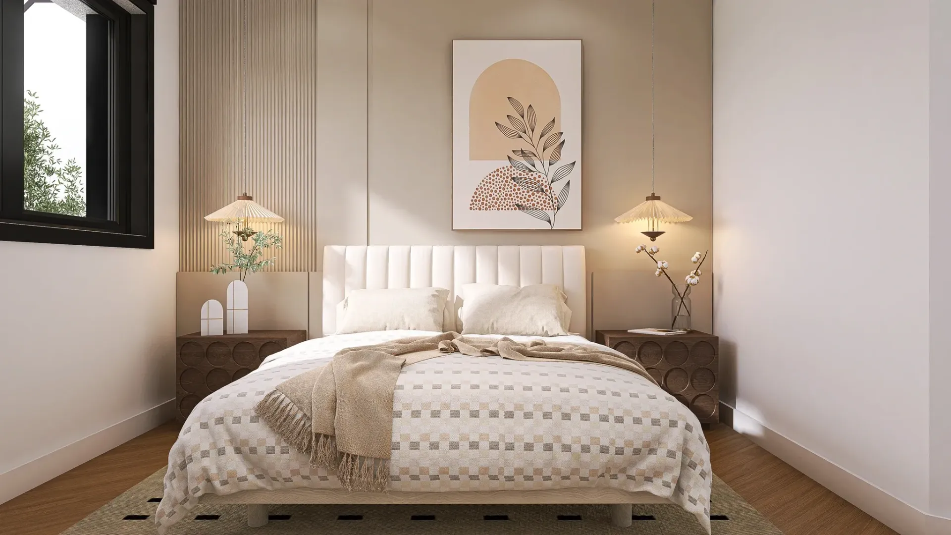Render inmobiliario de dormitorio elegante con cama frontal, lámparas colgantes y arte mural