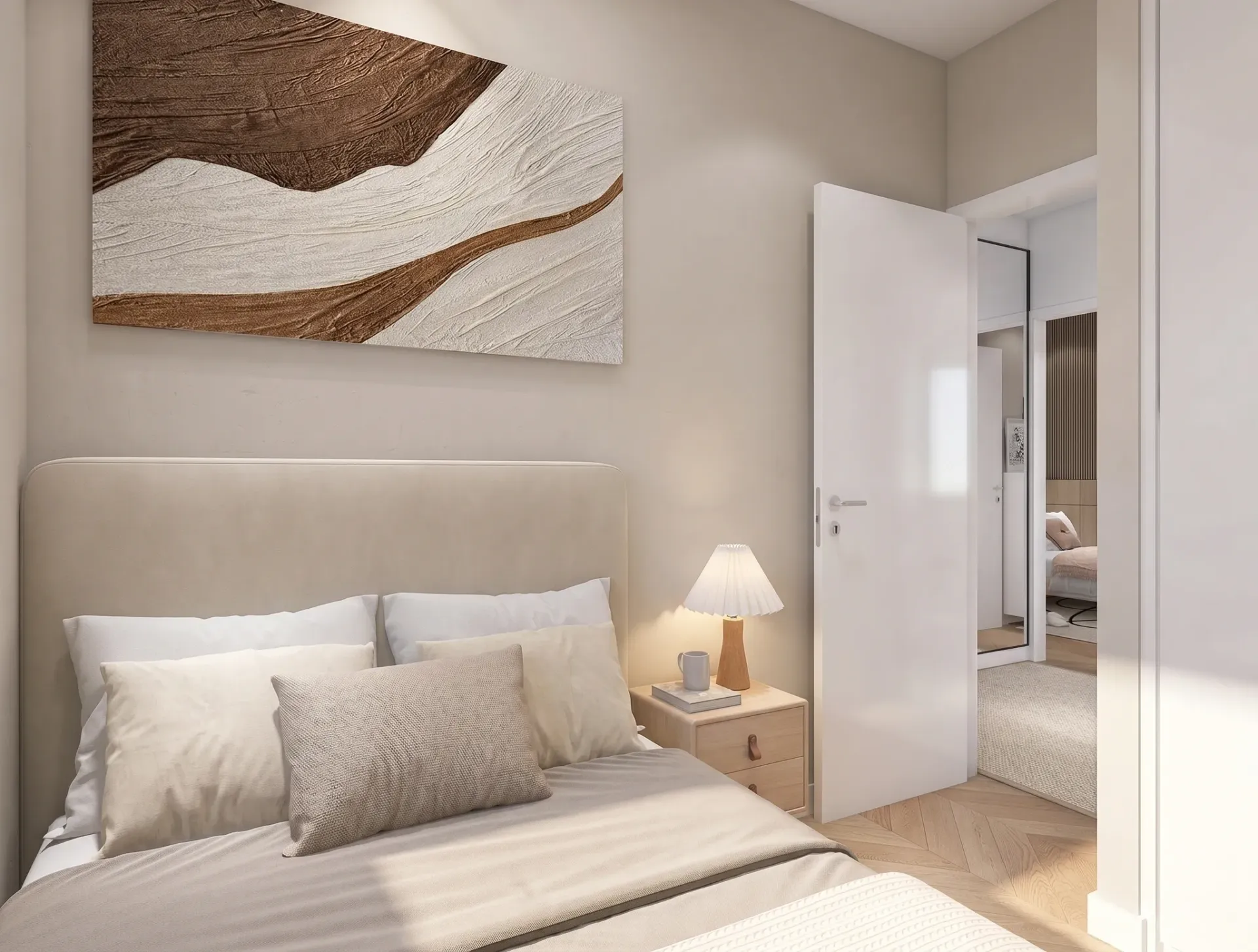 Render inmobiliario de dormitorio doble con cabecero tapizado y cuadro abstracto