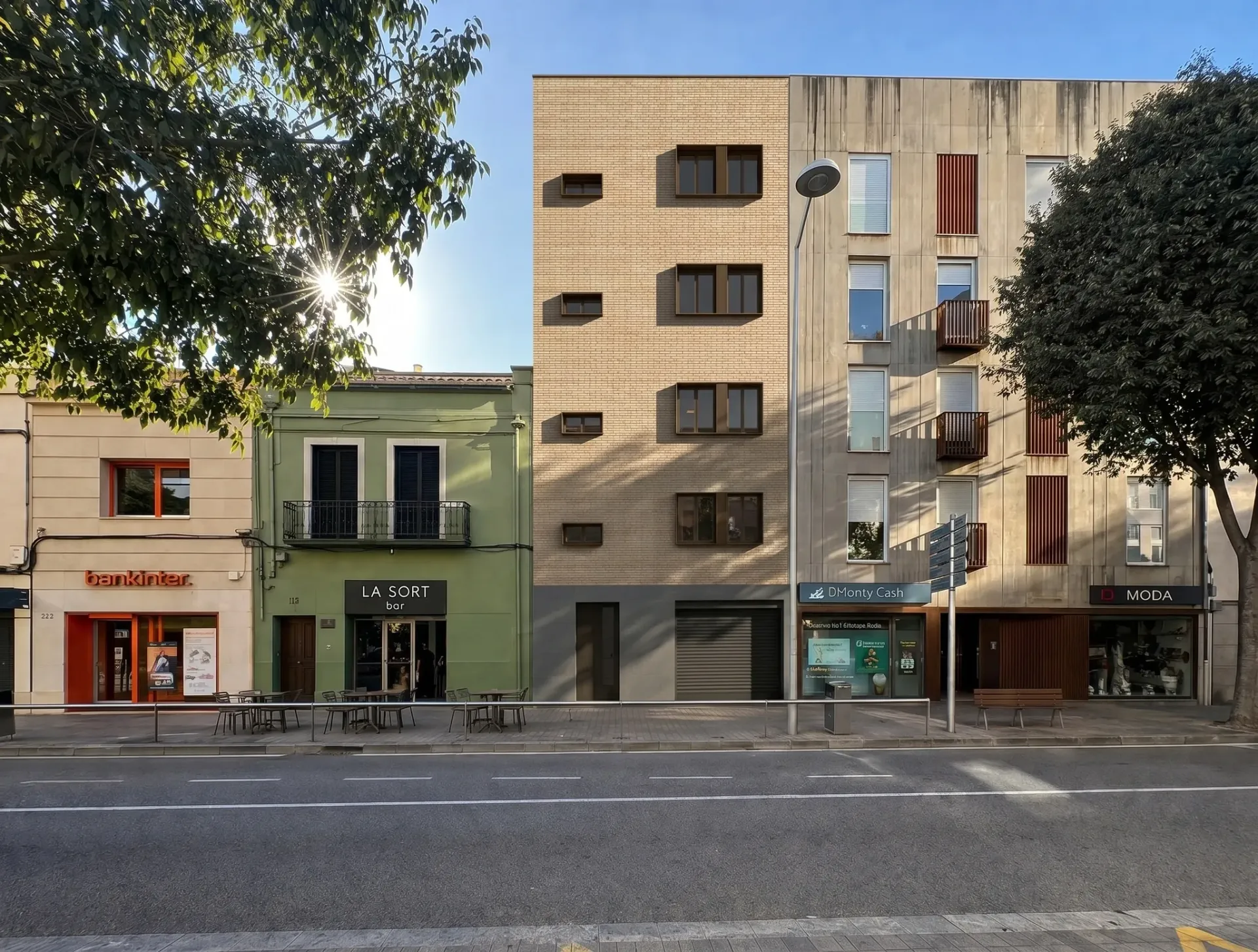 Render inmobiliario de fachada exterior de edificio residencial en entorno urbano