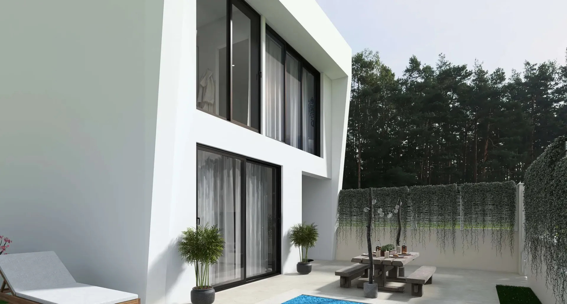 Render inmobiliario de fachada moderna con piscina y terraza exterior