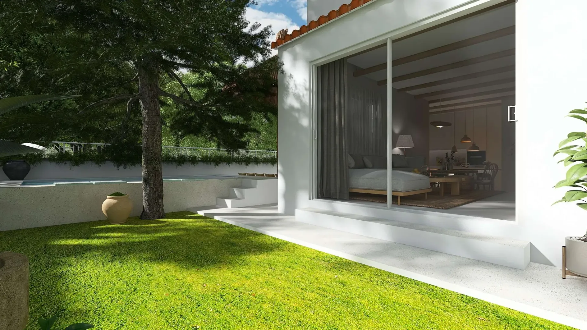 Render inmobiliario de jardín exterior con acceso directo al salón