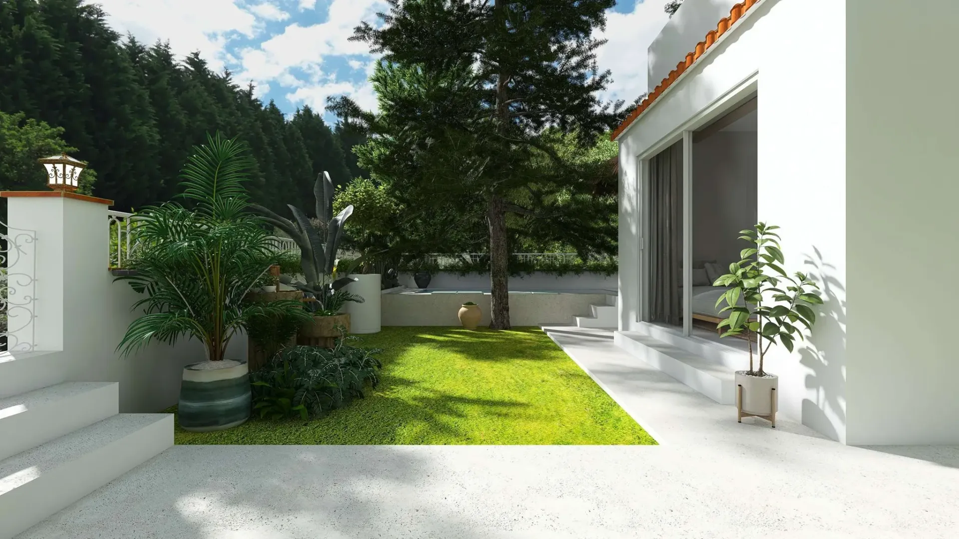 Render inmobiliario de jardín privado con zona verde y grandes ventanales
