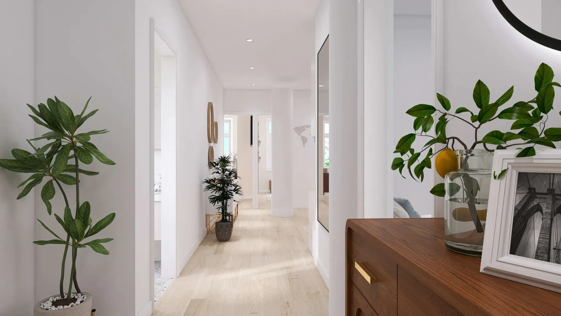 Render inmobiliario de pasillo luminoso con plantas y mueble recibidor