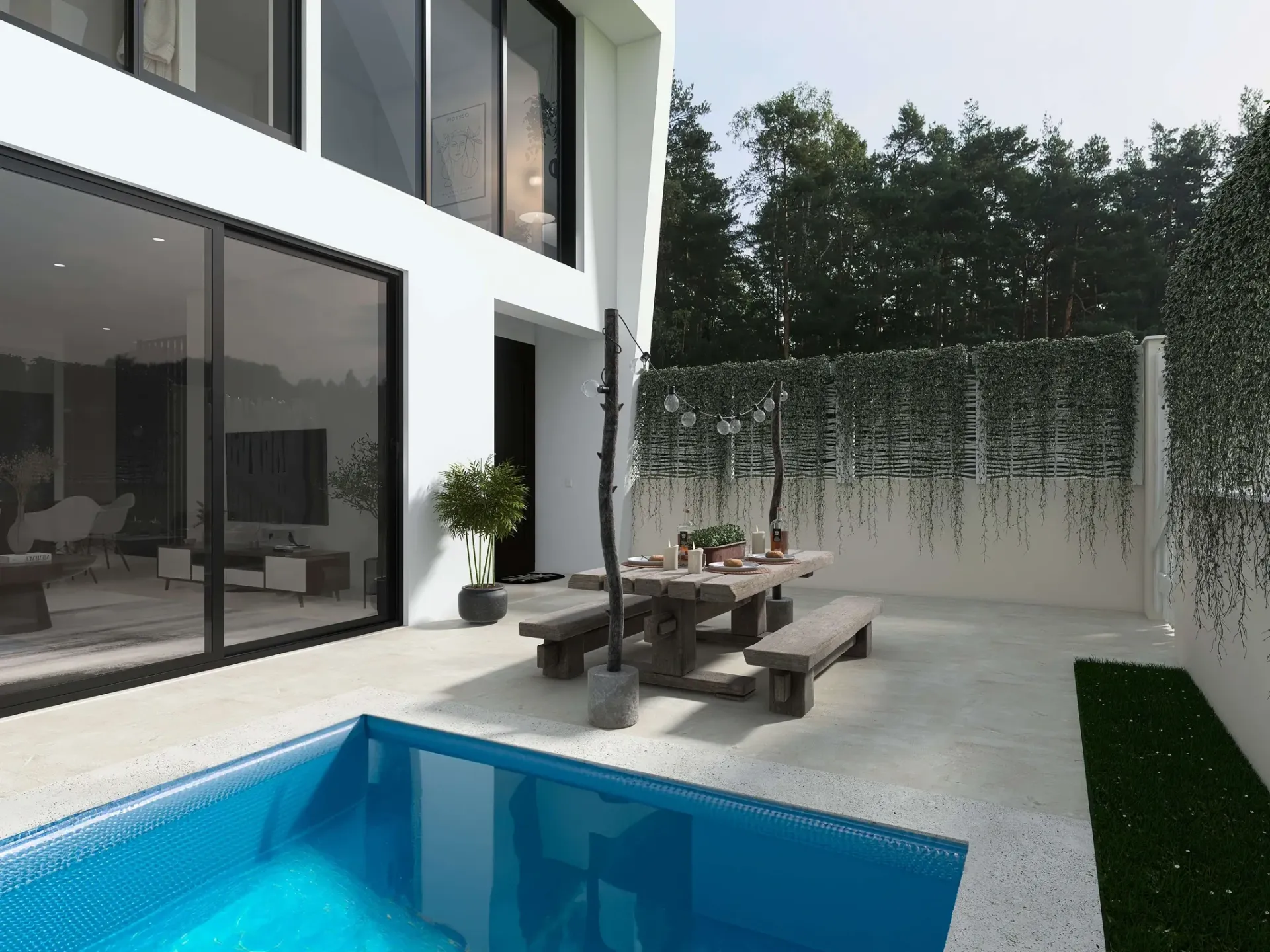 Render inmobiliario de patio exterior con piscina, comedor y fachada moderna