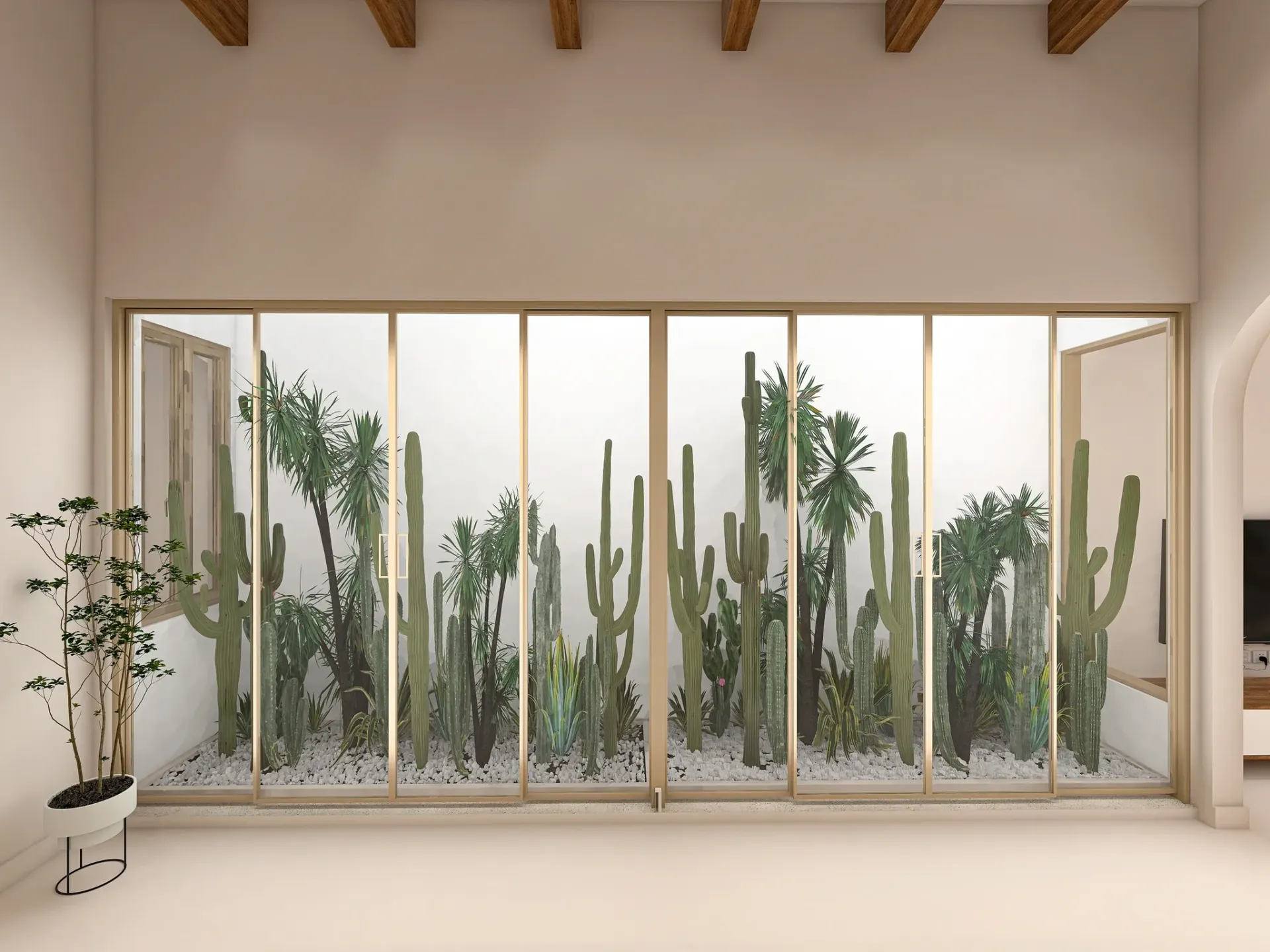 Render inmobiliario de ventanal con vistas a patio ajardinado con cactus y vegetación