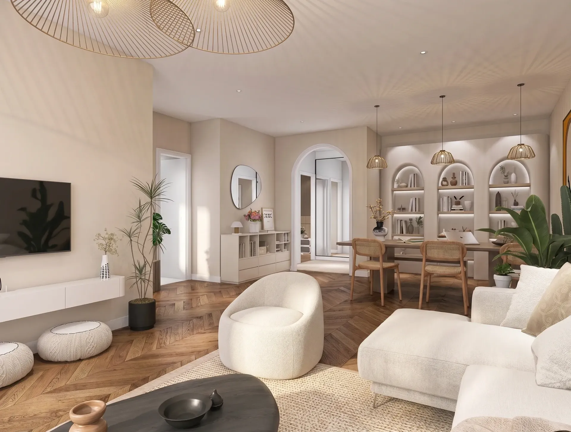 Render inmobiliario de salón comedor con sofá curvo, mesa de madera y estanterías iluminadas