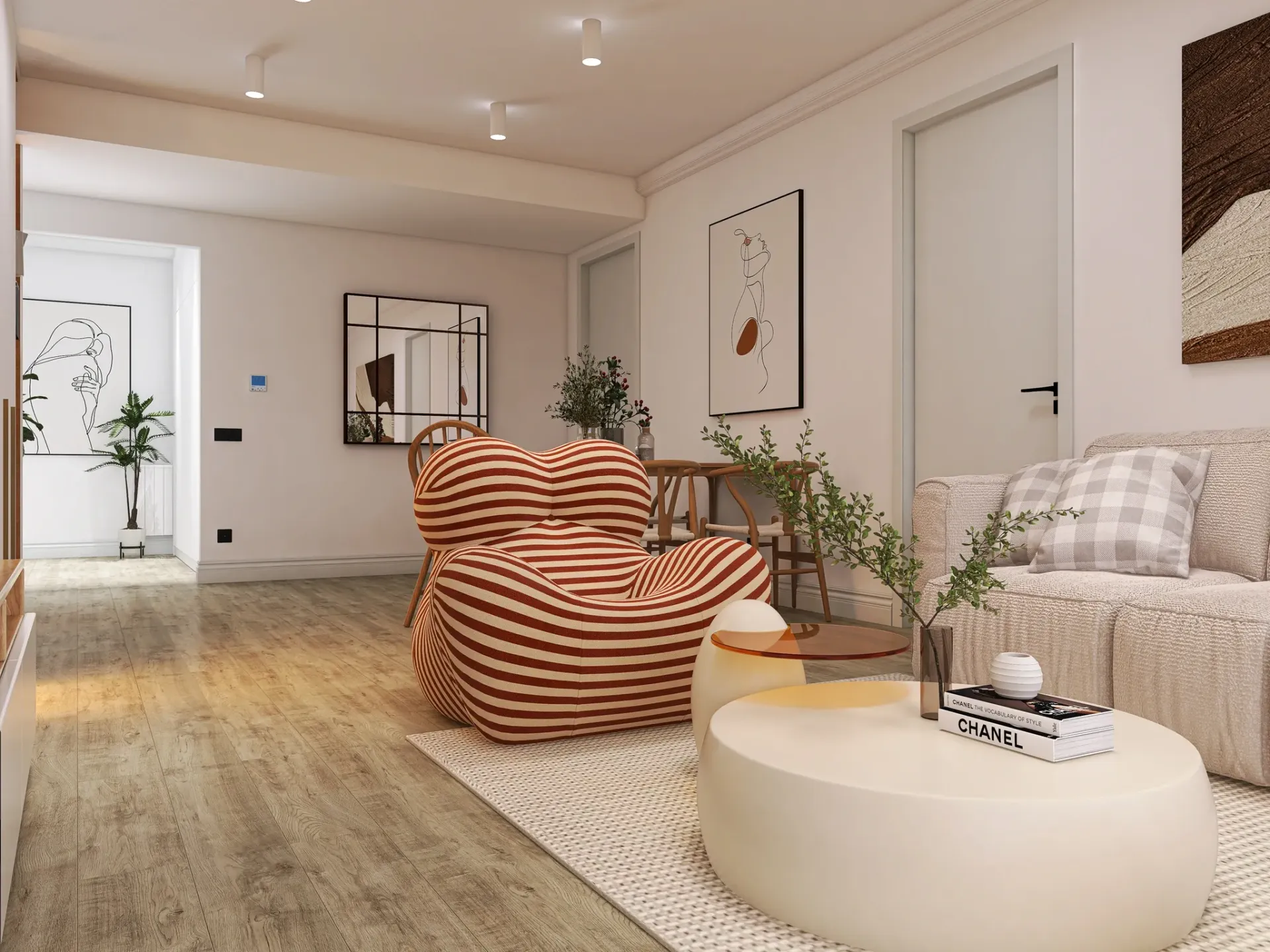Render inmobiliario de salón contemporáneo con butaca de rayas y mesa redonda