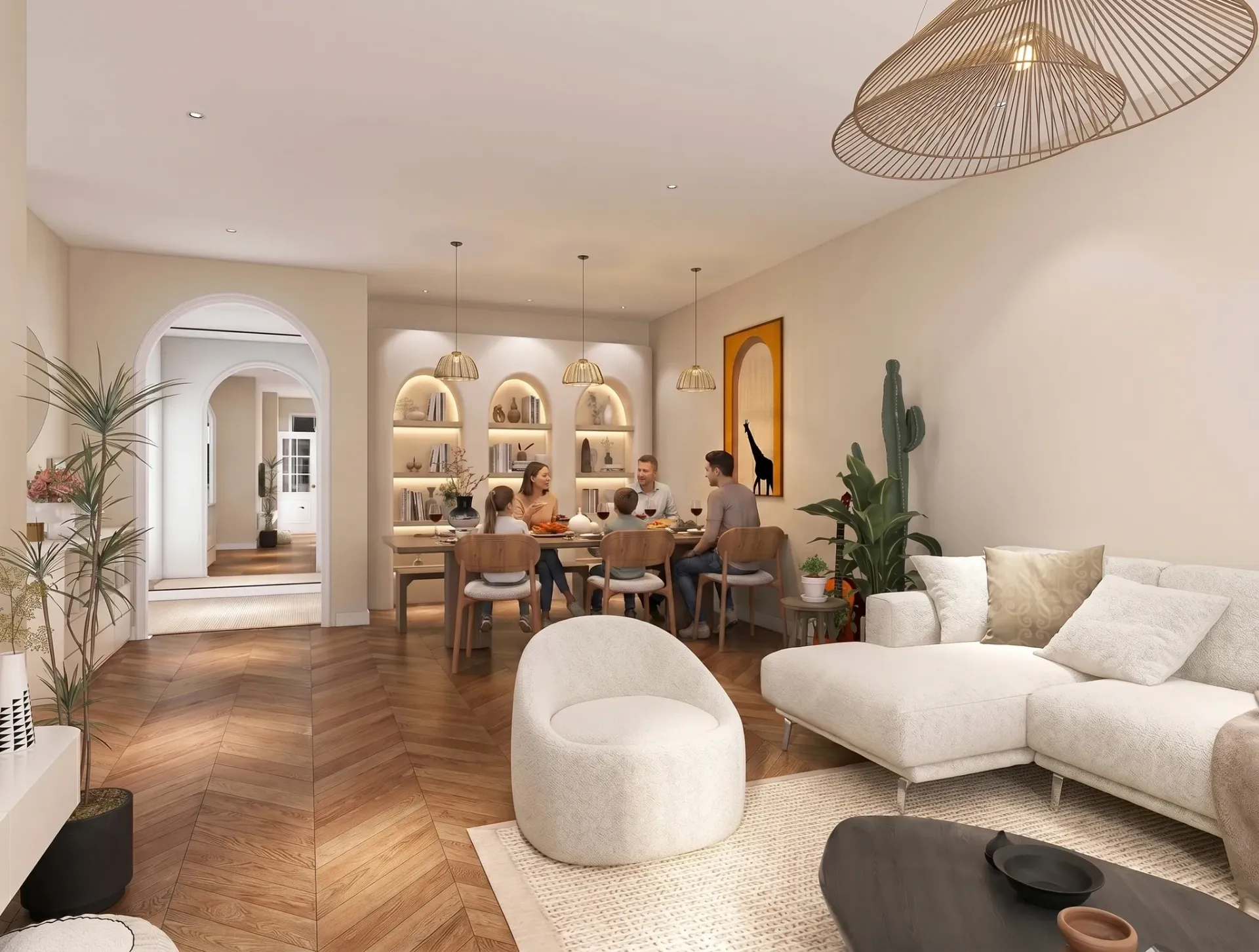 Render inmobiliario de salón comedor con zona de estar, mesa familiar y estanterías iluminadas