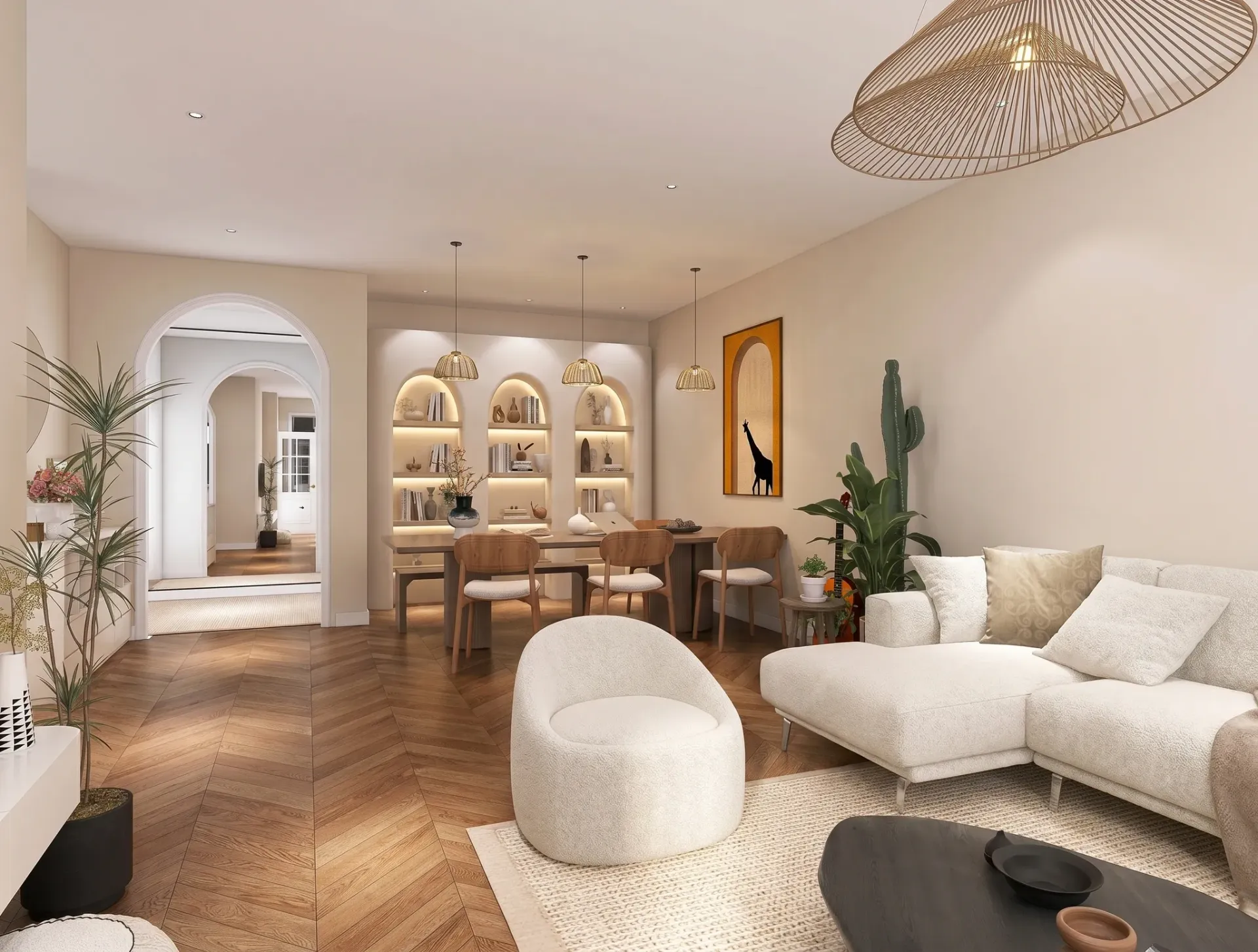 Render inmobiliario de salón comedor cálido con sofá blanco y estanterías iluminadas