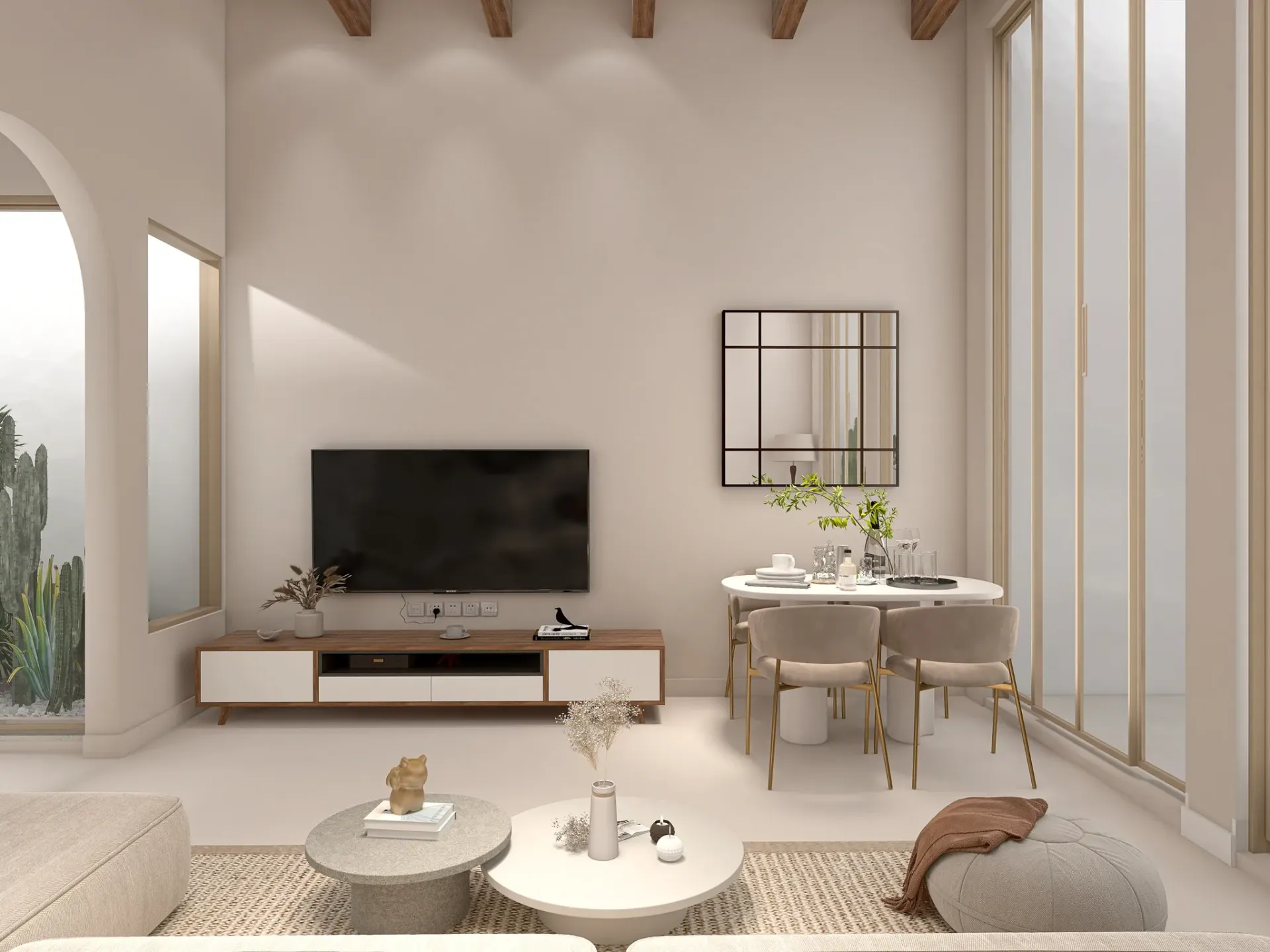 Render inmobiliario de salón comedor luminoso con televisión, ventanales altos y sofá beige