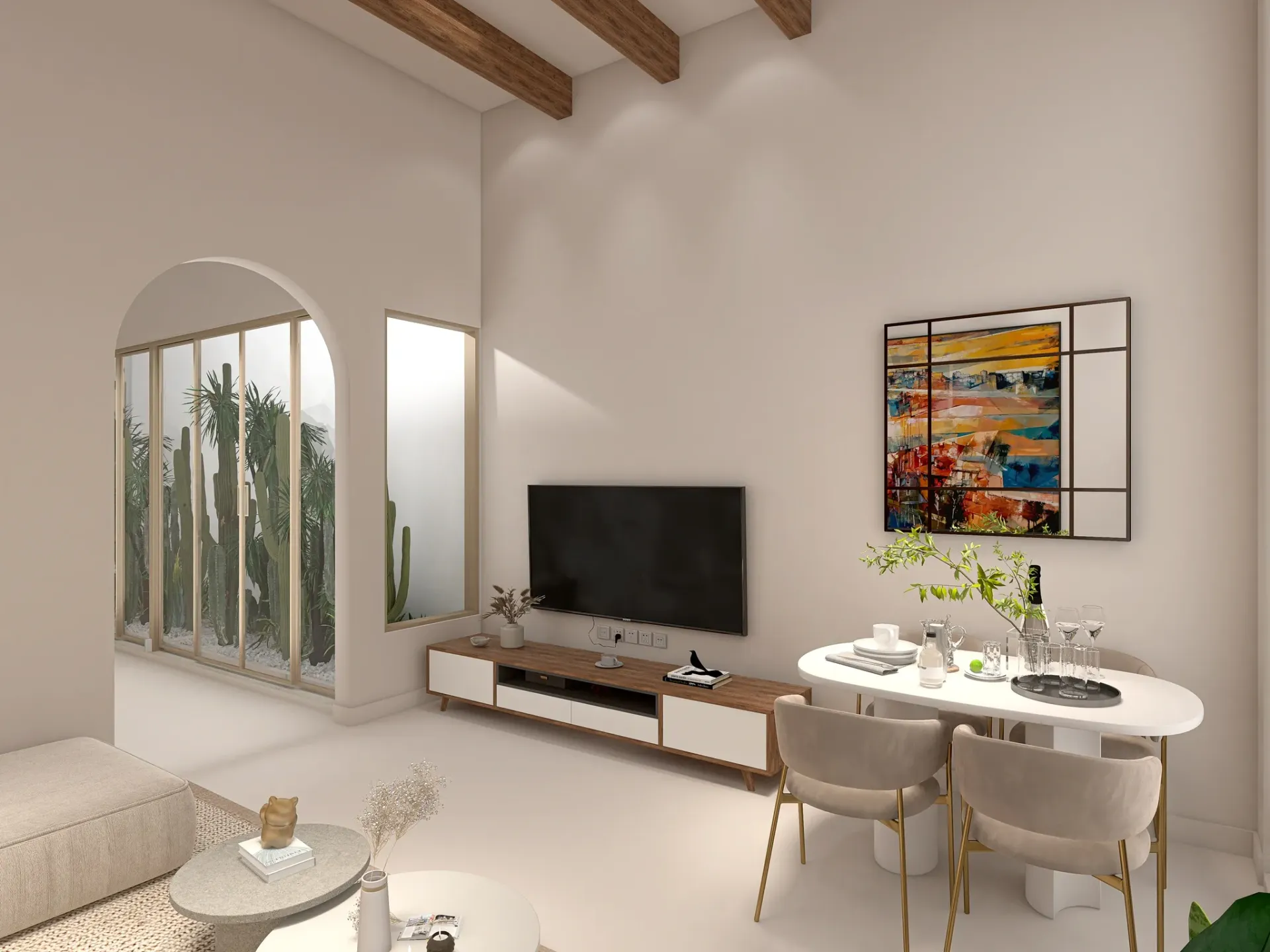 Render inmobiliario de salón comedor con televisión, mesa redonda y patio interior