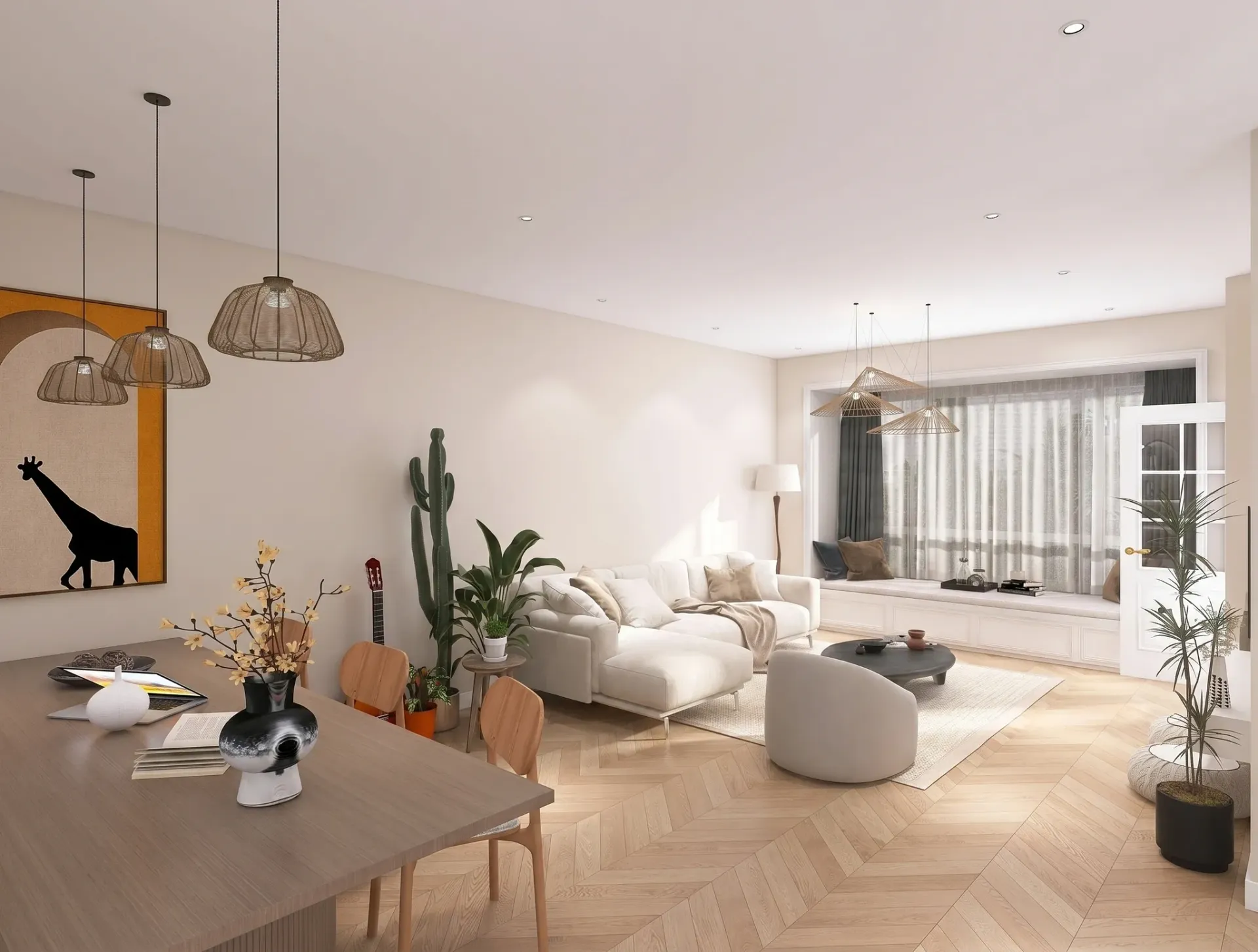 Render inmobiliario de salón comedor amplio con sofá blanco, mesa de madera y suelo en espiga