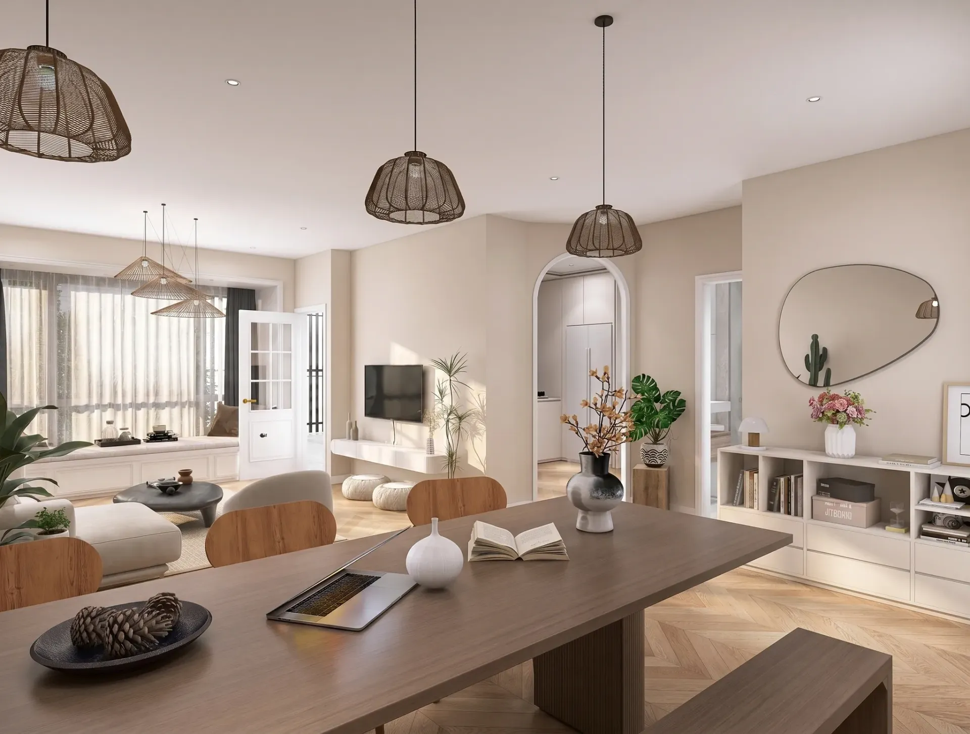 Render inmobiliario de comedor con mesa de madera, lámparas colgantes y salón abierto