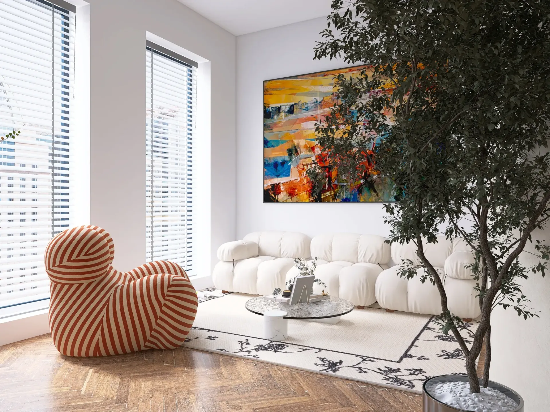 Render inmobiliario de salón elegante con ventanales, sofá blanco y árbol decorativo