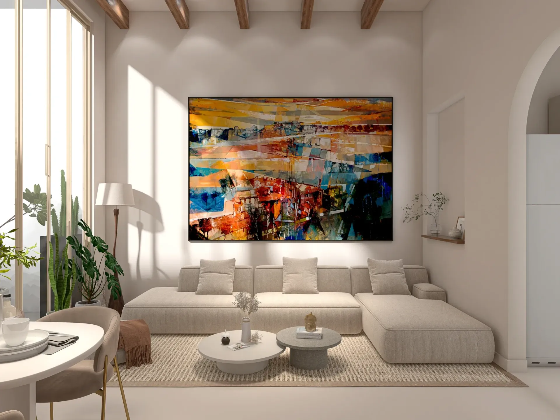 Render inmobiliario de salón luminoso con sofá modular, ventanal y cuadro decorativo