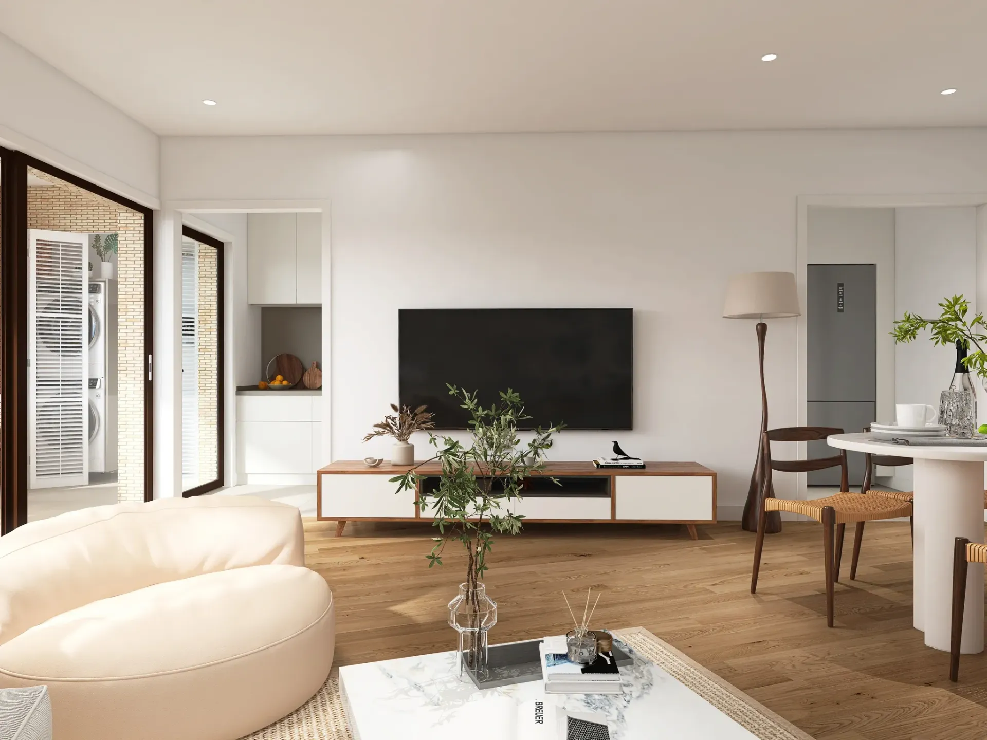 Render inmobiliario de salón luminoso con zona de televisión y cocina integrada