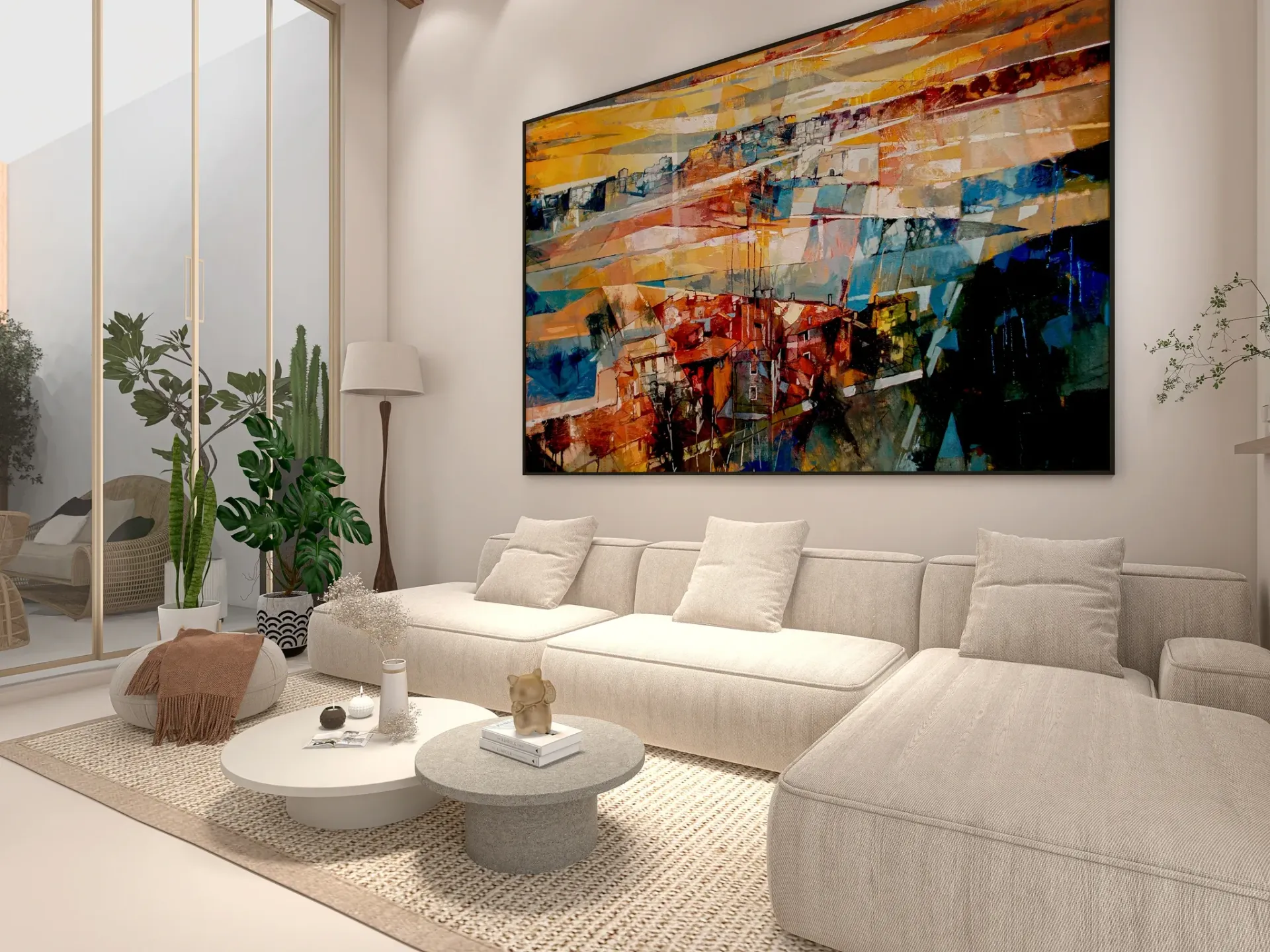 Render inmobiliario de salón moderno con sofá chaise longue, mesa de centro y arte abstracto