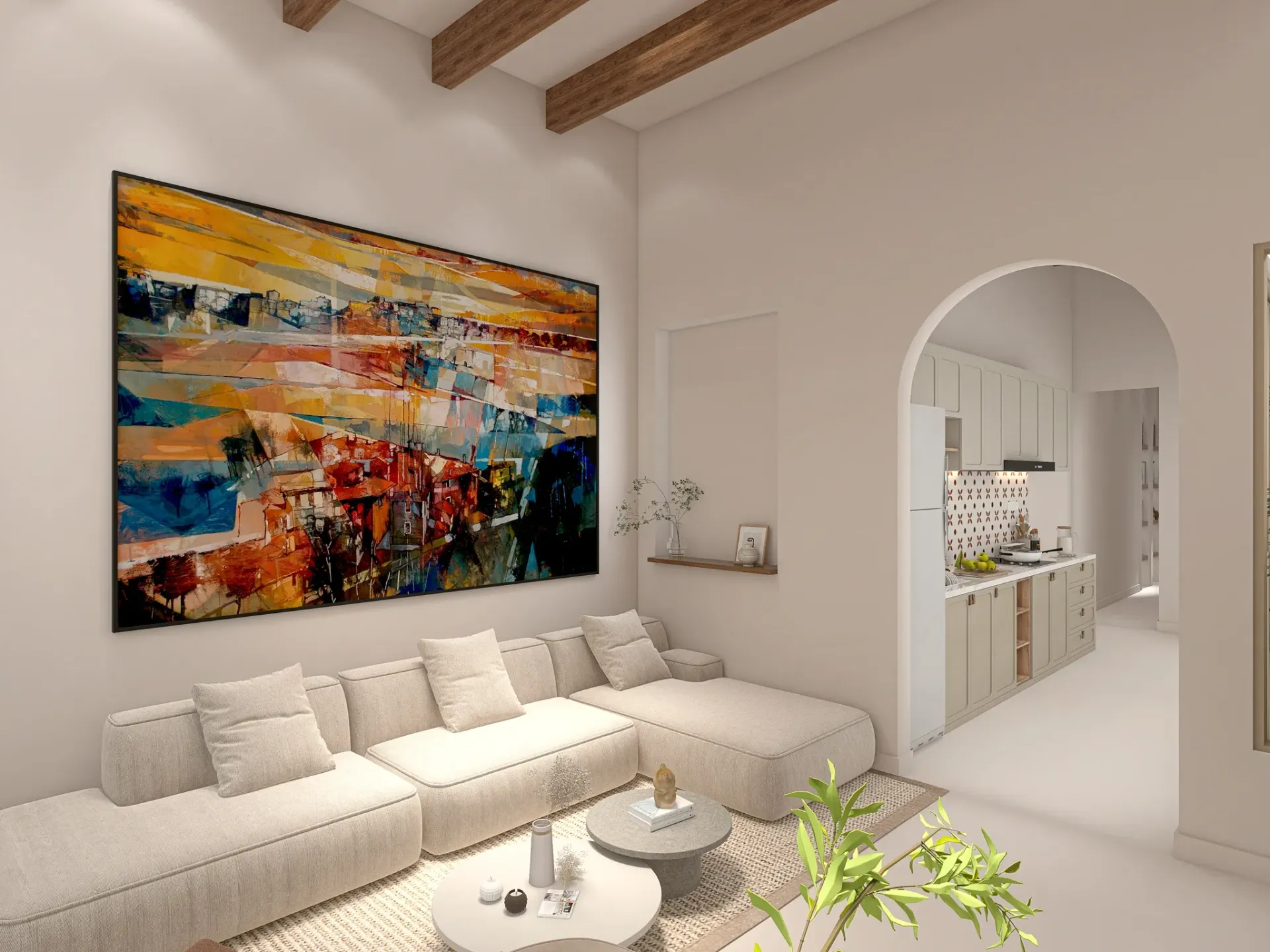 Render inmobiliario de salón luminoso con sofá chaise longue, cuadro abstracto y arco interior