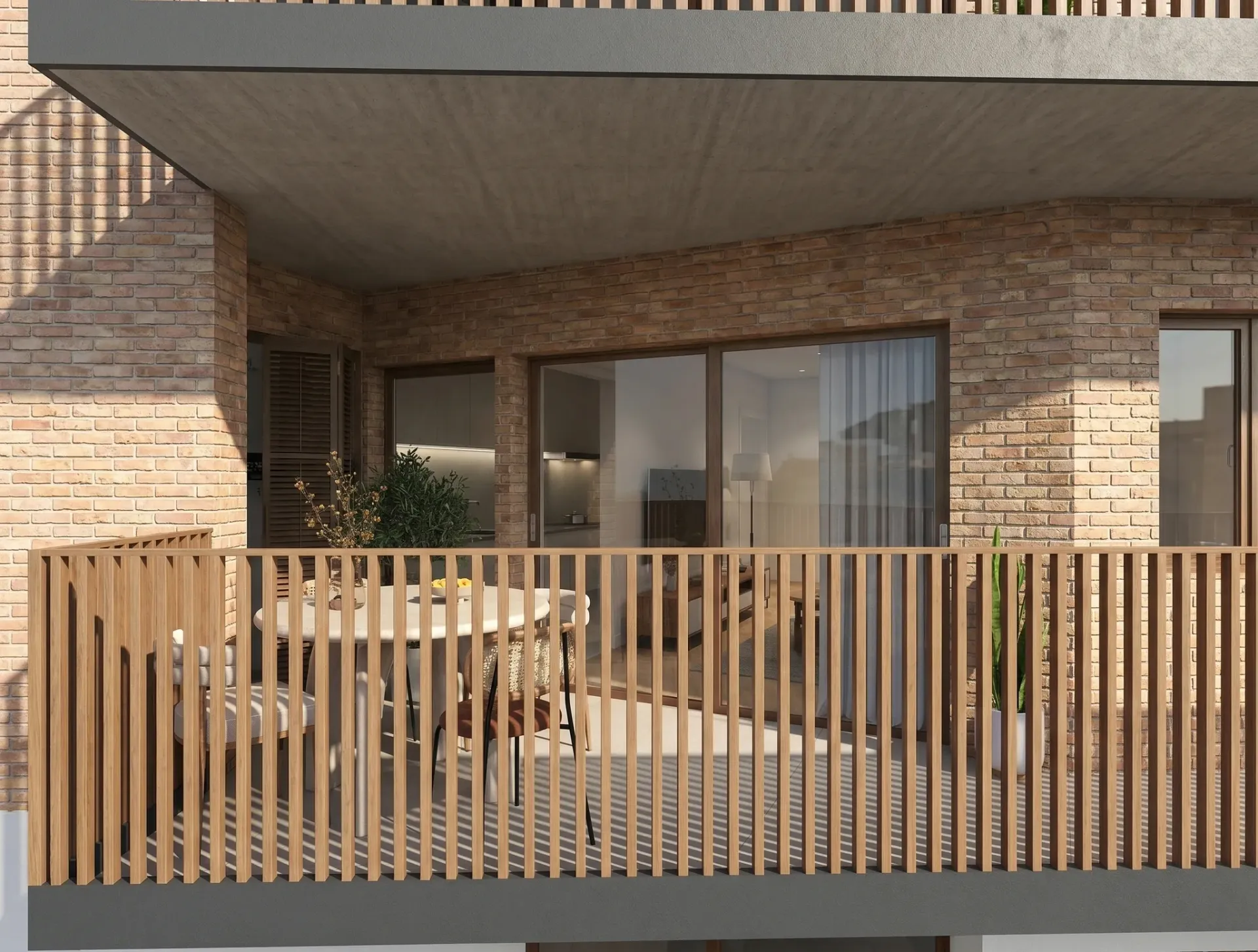 Render inmobiliario de terraza en fachada de ladrillo con barandilla de madera